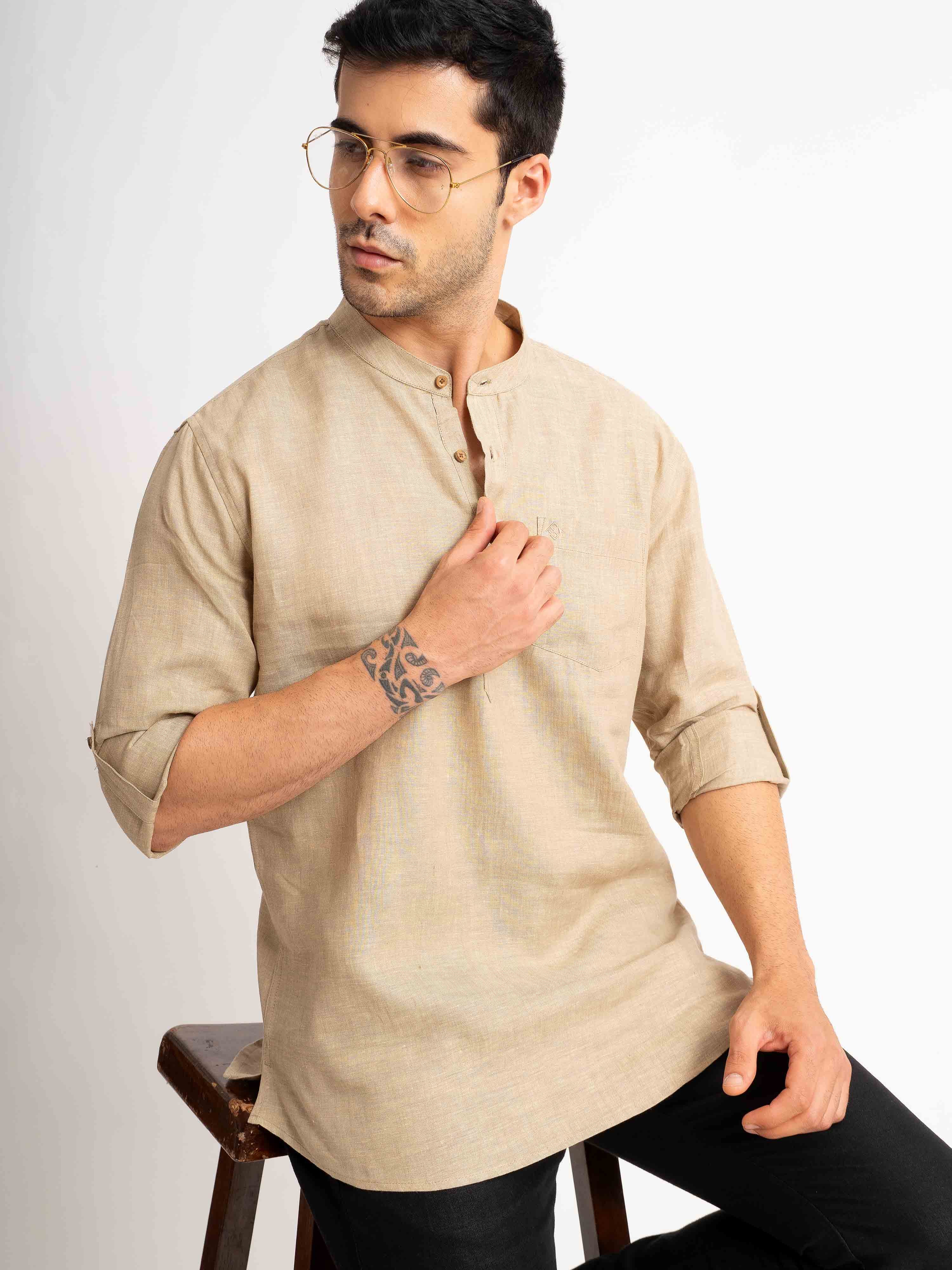 ST4U Men's Pure Linen Full Sleeve Chambray Short Kurta – Golden Sand
