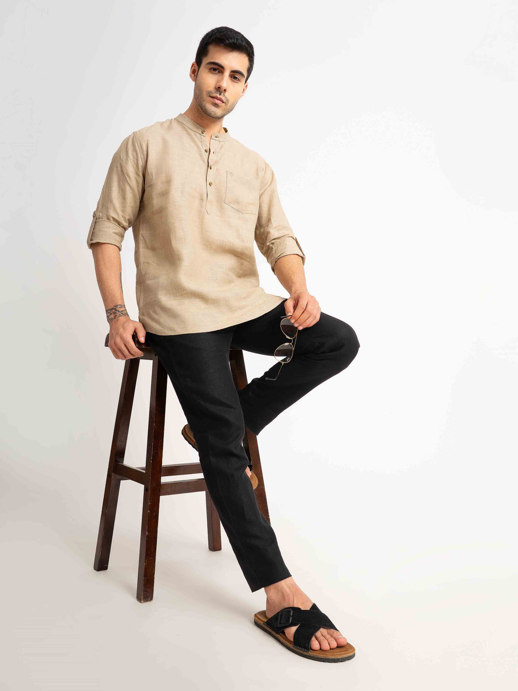 ST4U Men's Pure Linen Full Sleeve Chambray Short Kurta – Golden Sand