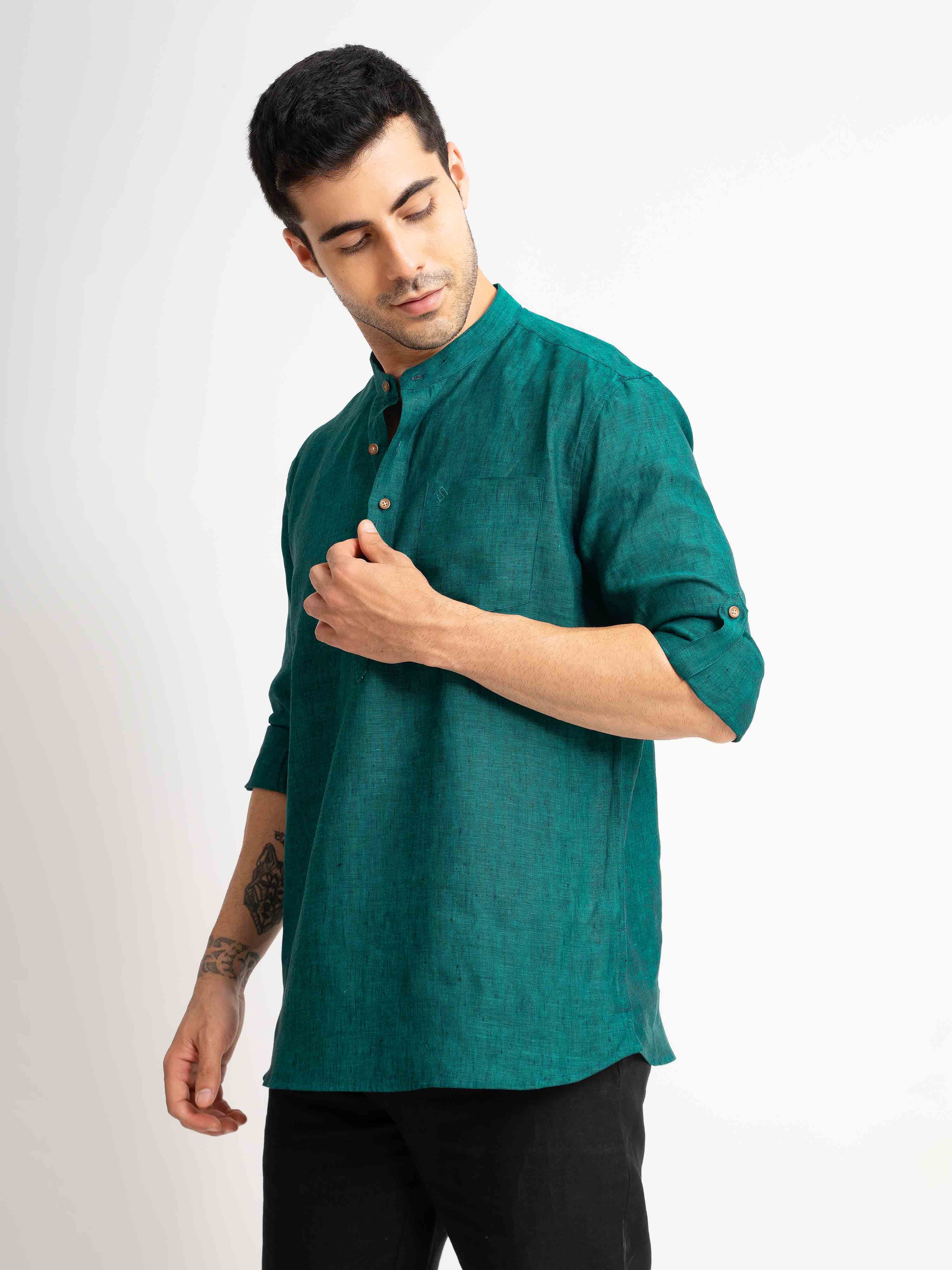 ST4U Men's Pure Linen Full Sleeve Chambray Short Kurta – Dark Green