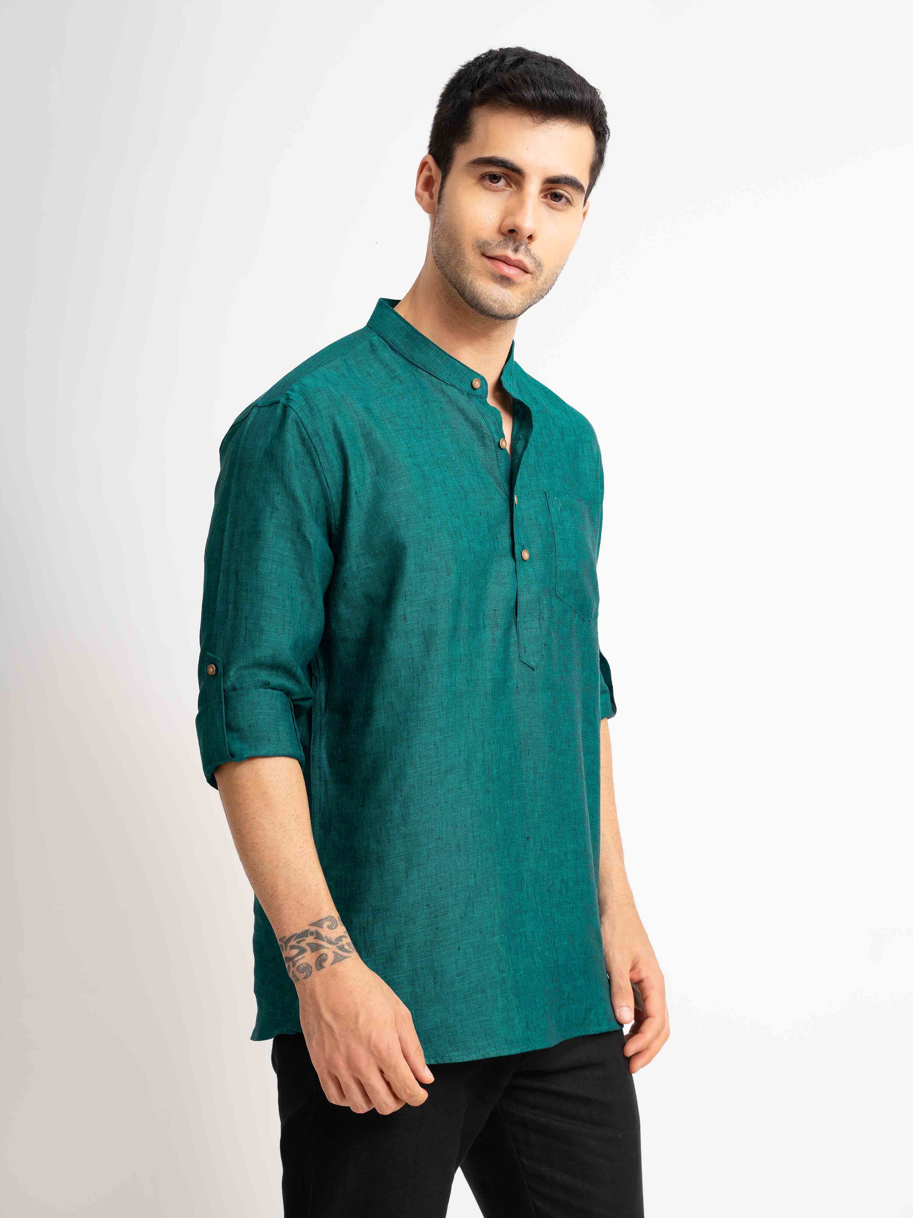 ST4U Men's Pure Linen Full Sleeve Chambray Short Kurta – Dark Green