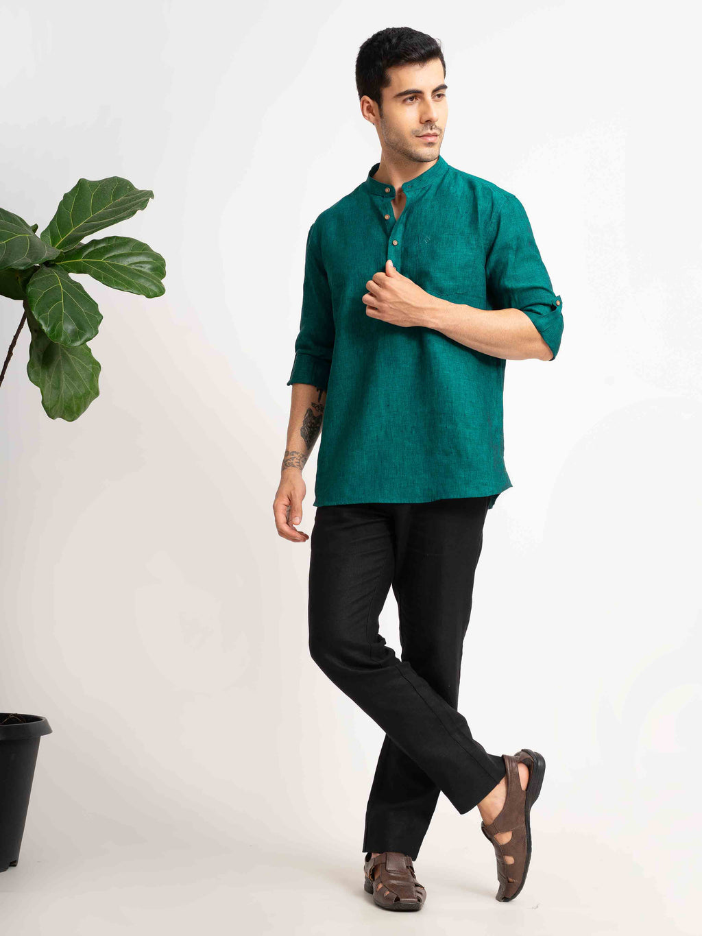 ST4U Men's Pure Linen Full Sleeve Chambray Short Kurta – Dark Green