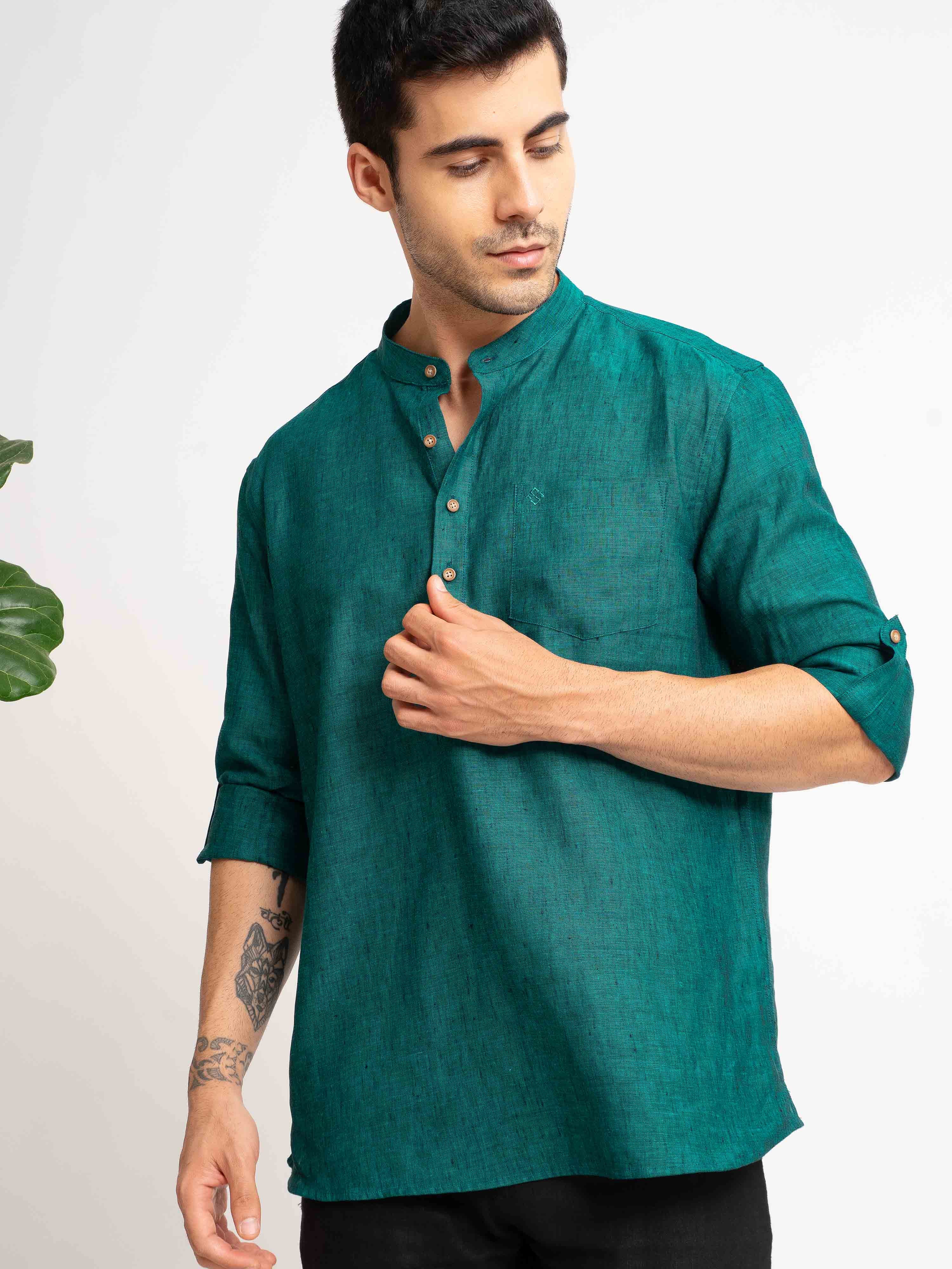 ST4U Men's Pure Linen Full Sleeve Chambray Short Kurta – Dark Green