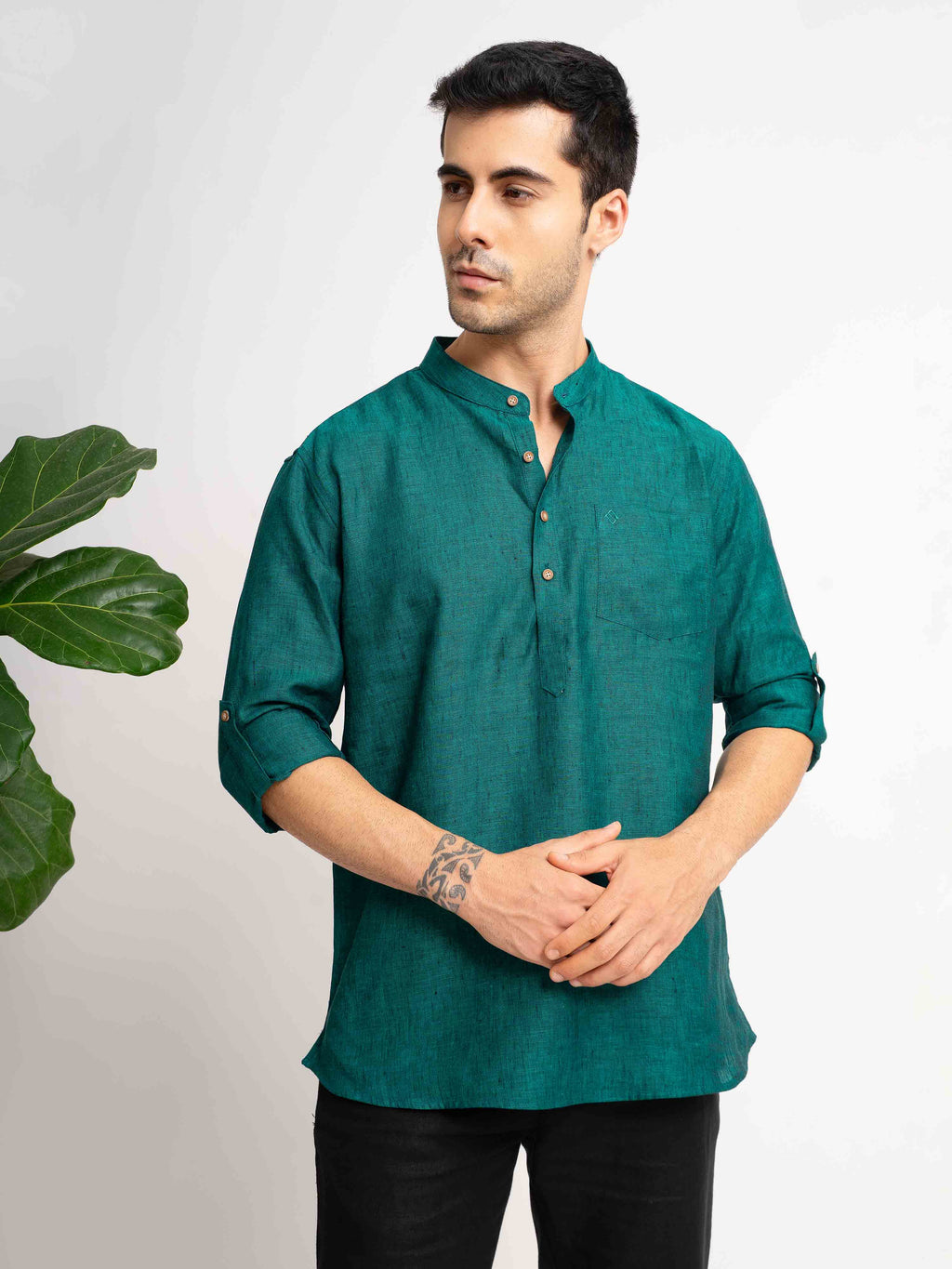ST4U Men's Pure Linen Full Sleeve Chambray Short Kurta – Dark Green
