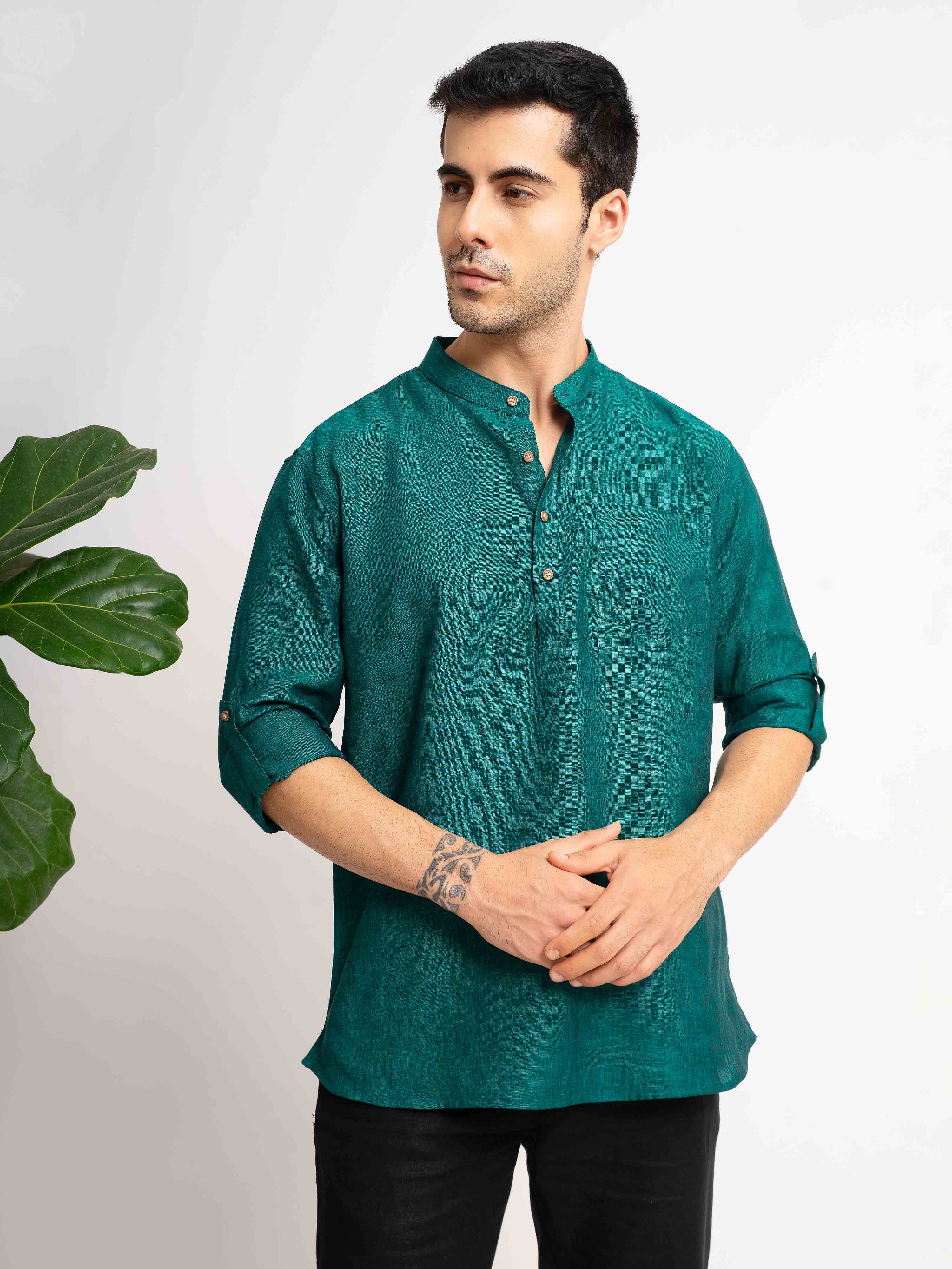 ST4U Men's Pure Linen Full Sleeve Chambray Short Kurta – Dark Green