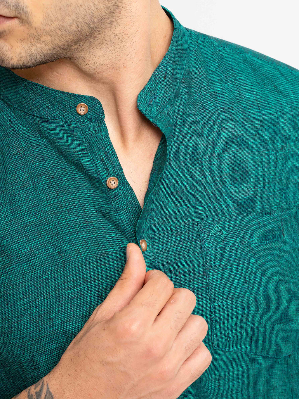 ST4U Men's Pure Linen Full Sleeve Chambray Short Kurta – Dark Green