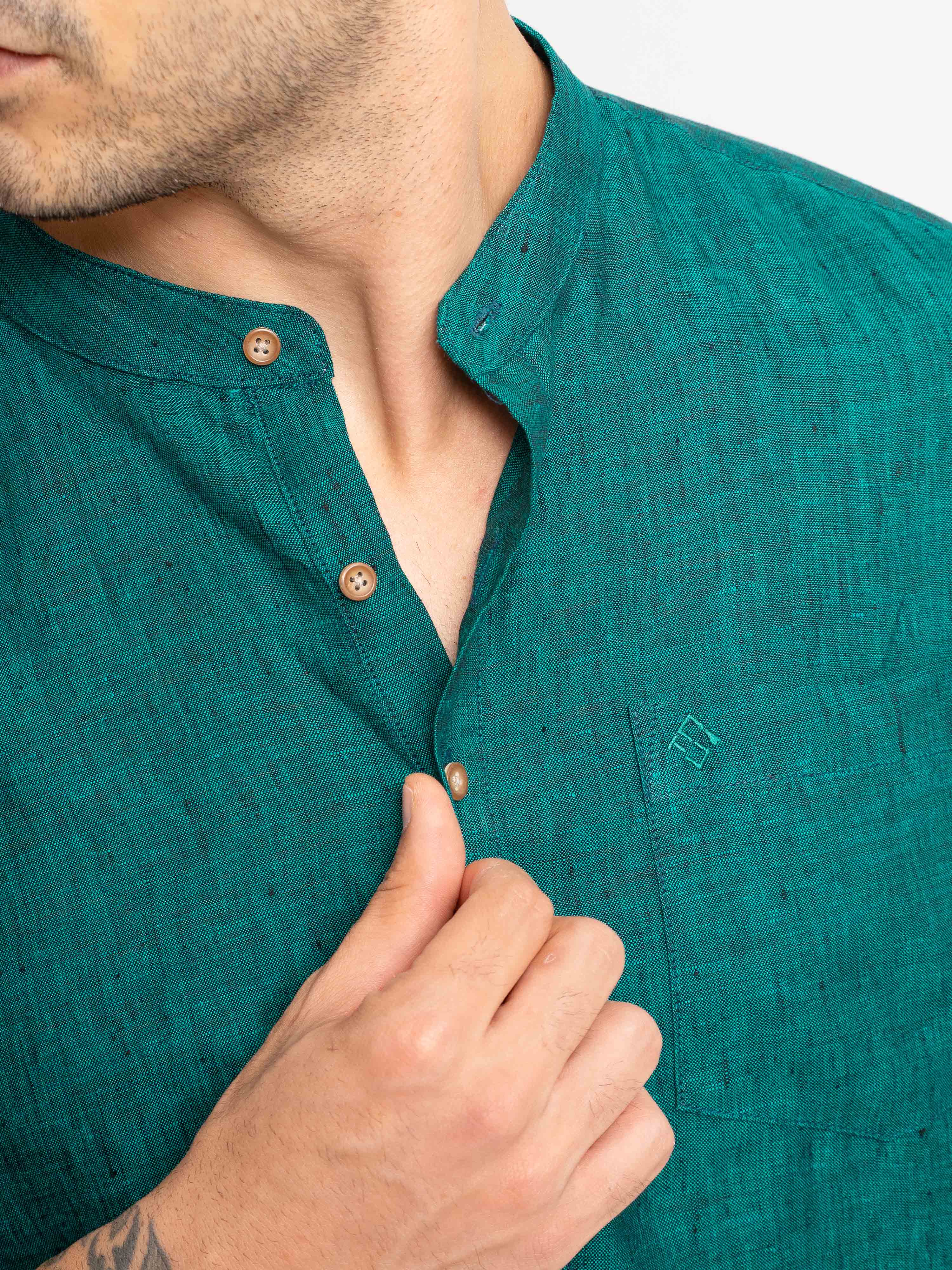 ST4U Men's Pure Linen Full Sleeve Chambray Short Kurta – Dark Green