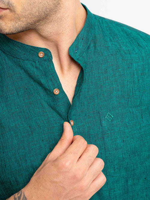 ST4U Men's Pure Linen Full Sleeve Chambray Short Kurta – Dark Green