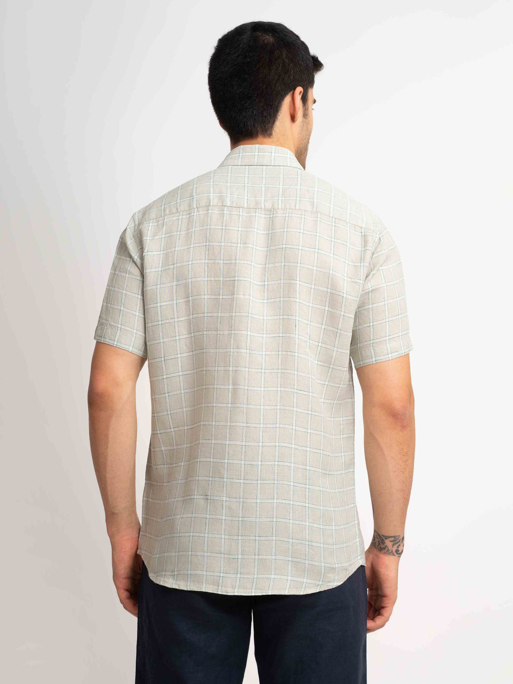 ST4U Men's Pure Linen Half Sleeve Checked Shirt – Light Grey Checks