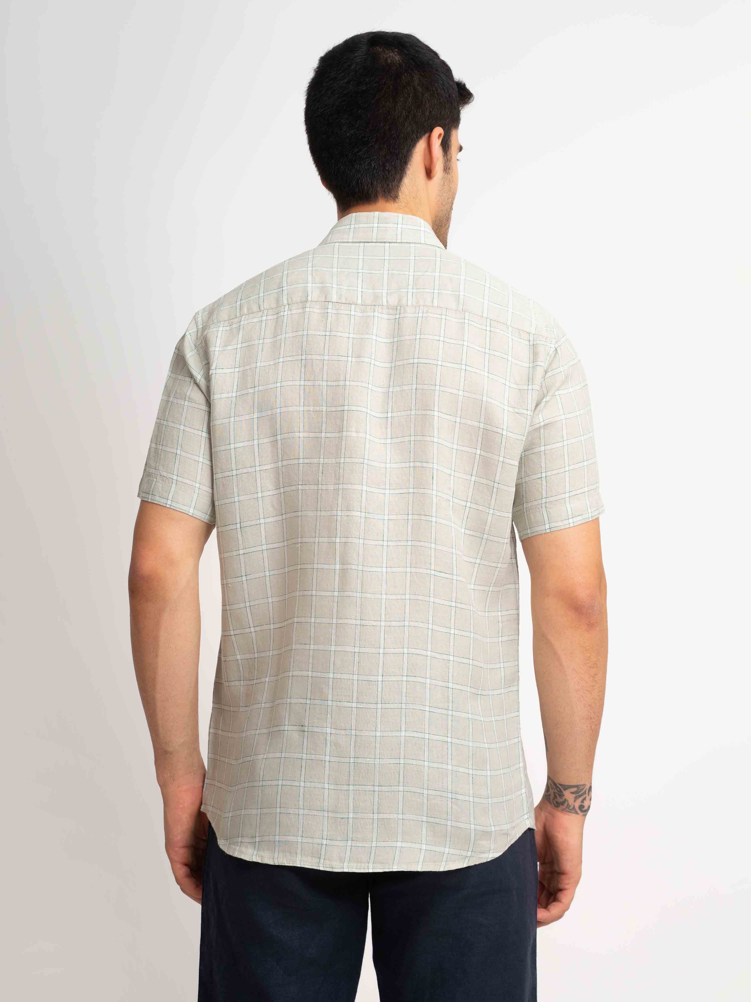 ST4U Men's Pure Linen Half Sleeve Checked Shirt – Light Grey Checks