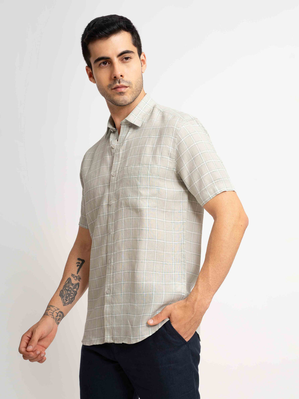 ST4U Men's Pure Linen Half Sleeve Checked Shirt – Light Grey Checks