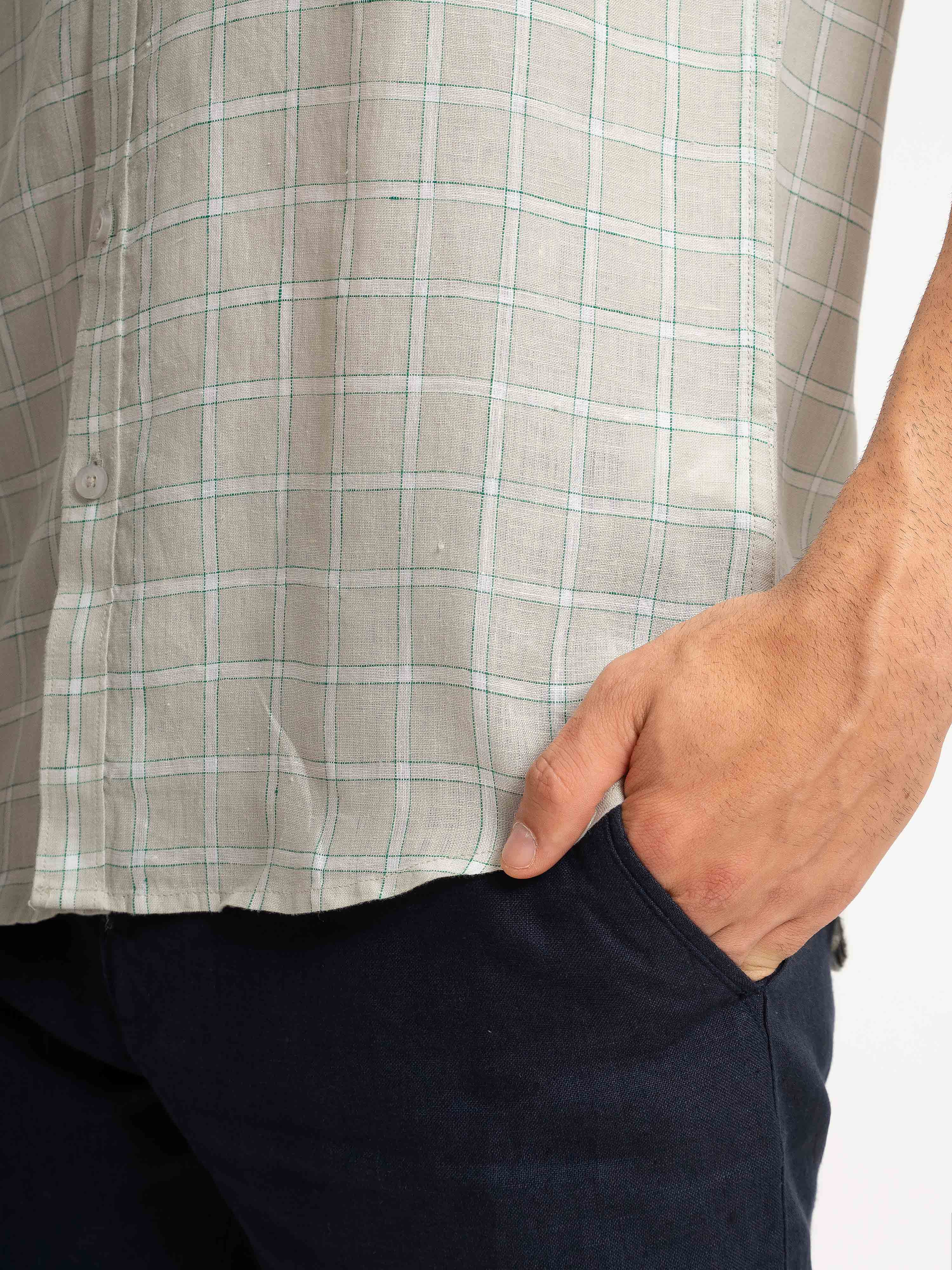 ST4U Men's Pure Linen Half Sleeve Checked Shirt – Light Grey Checks