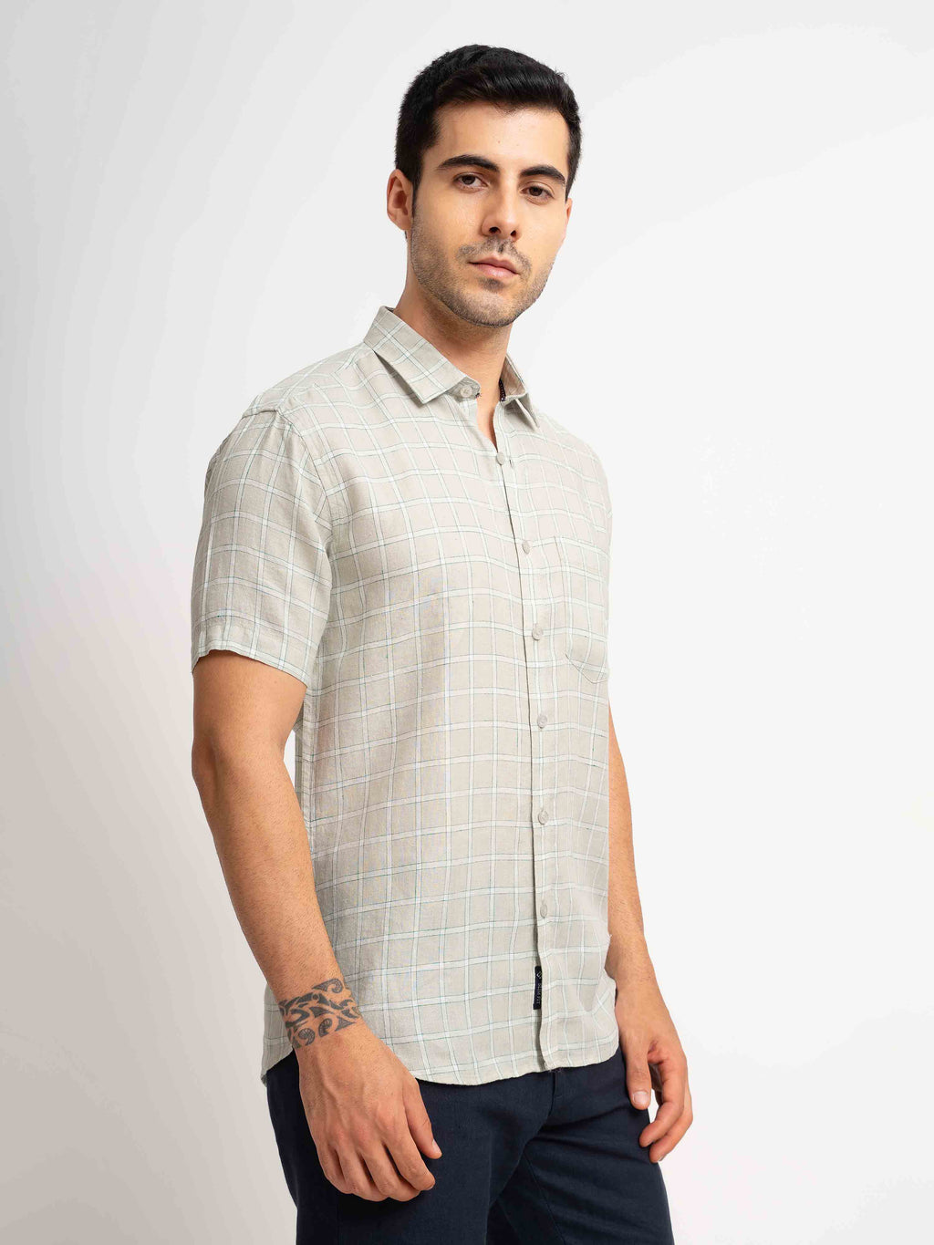 ST4U Men's Pure Linen Half Sleeve Checked Shirt – Light Grey Checks