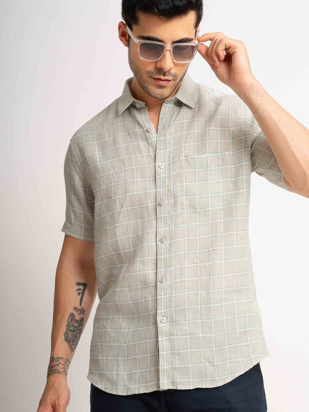ST4U Men's Pure Linen Half Sleeve Checked Shirt – Light Grey Checks