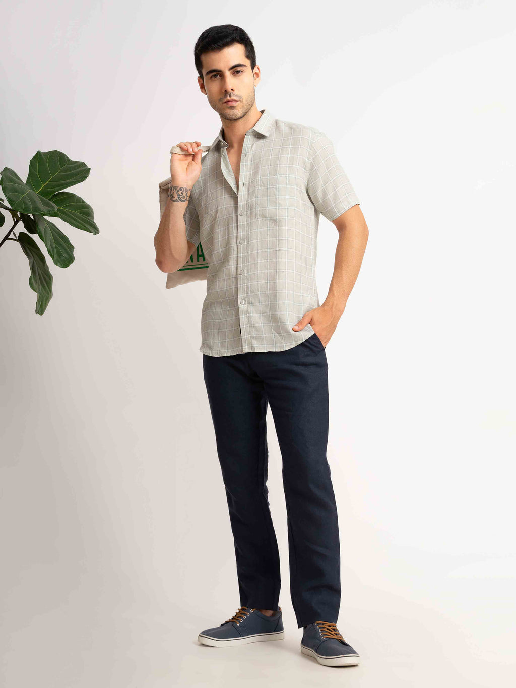 ST4U Men's Pure Linen Half Sleeve Checked Shirt – Light Grey Checks