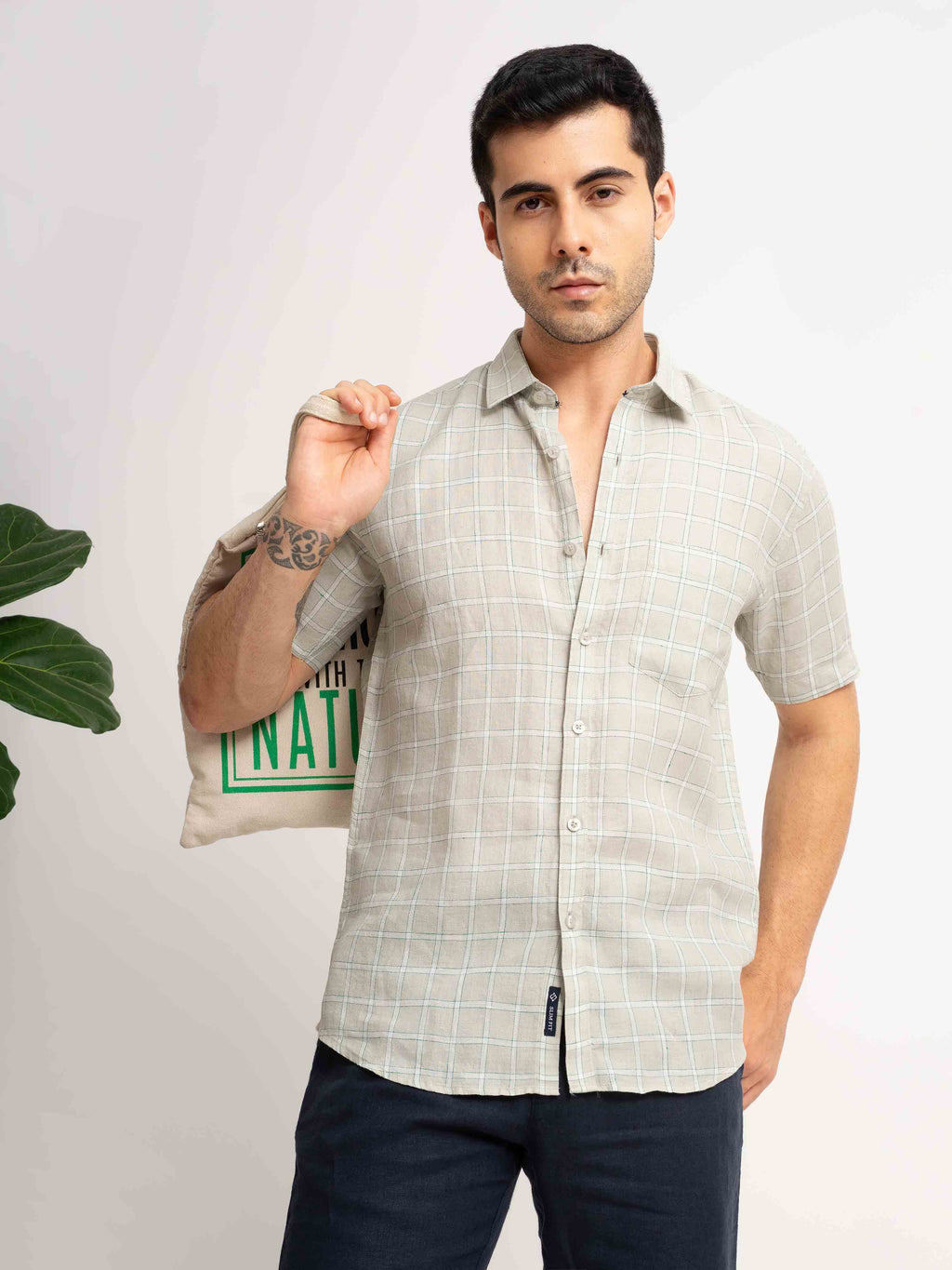 ST4U Men's Pure Linen Half Sleeve Checked Shirt – Light Grey Checks