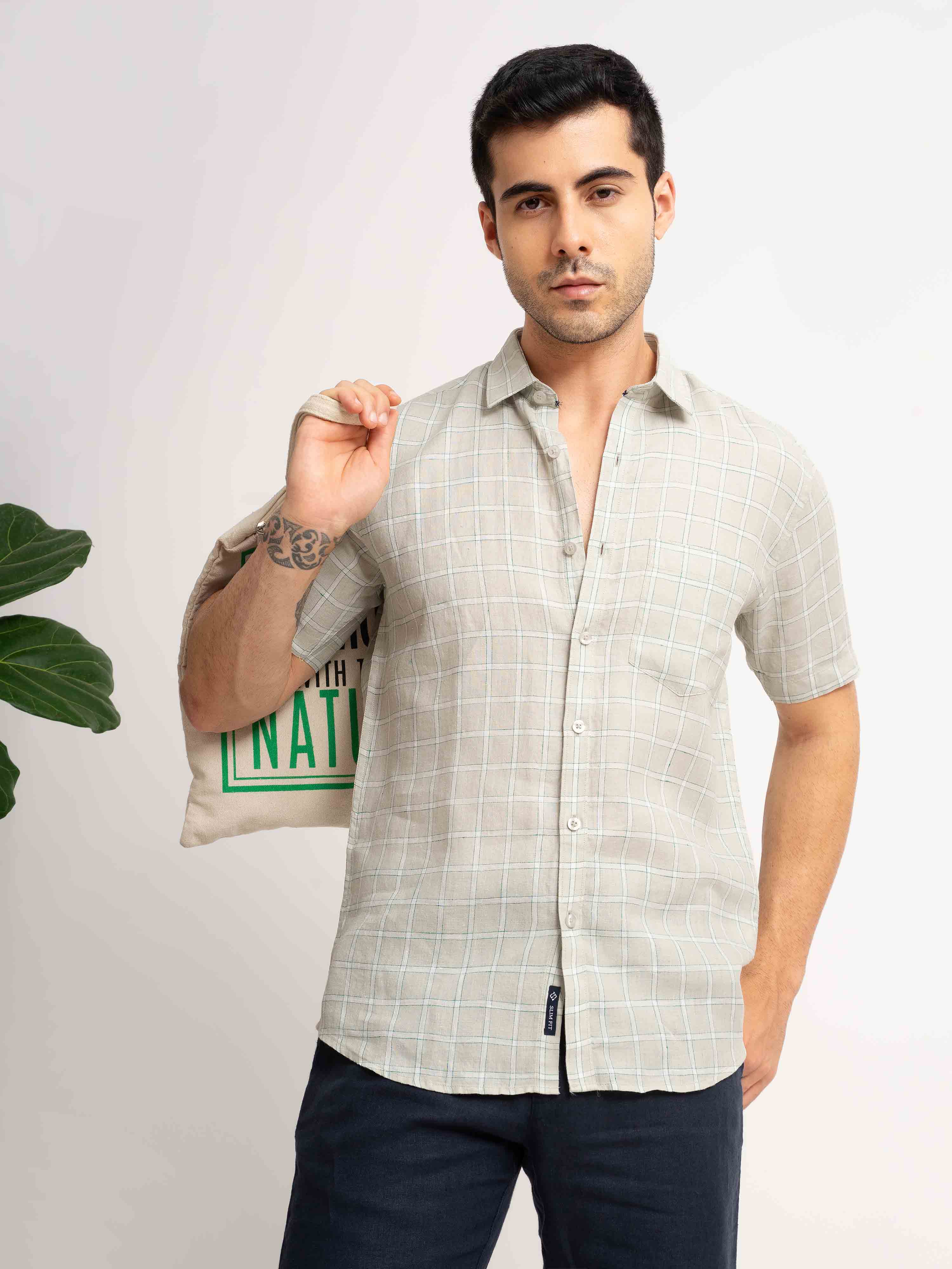 ST4U Men's Pure Linen Half Sleeve Checked Shirt – Light Grey Checks