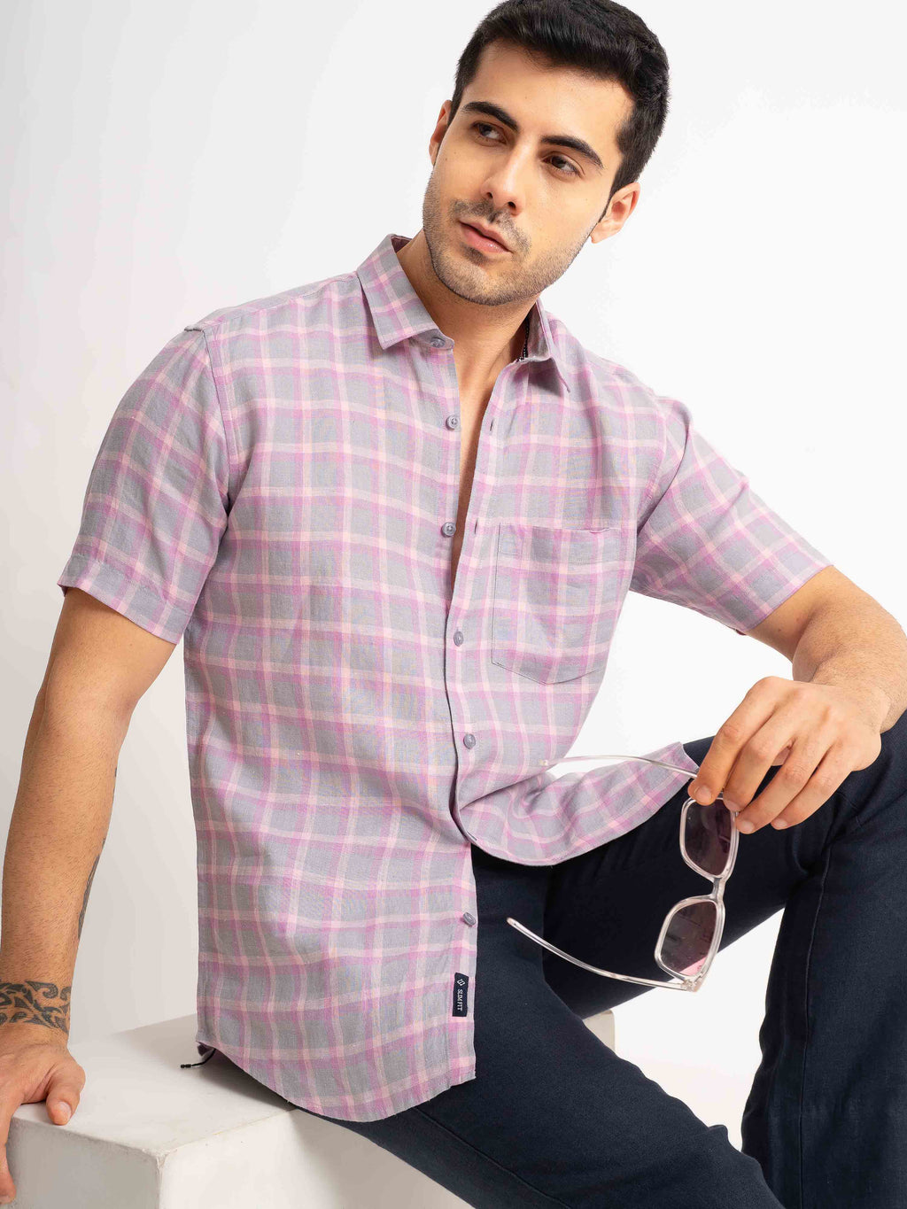 ST4U Men's Pure Linen Half Sleeve Checked Shirt – Pink Checks