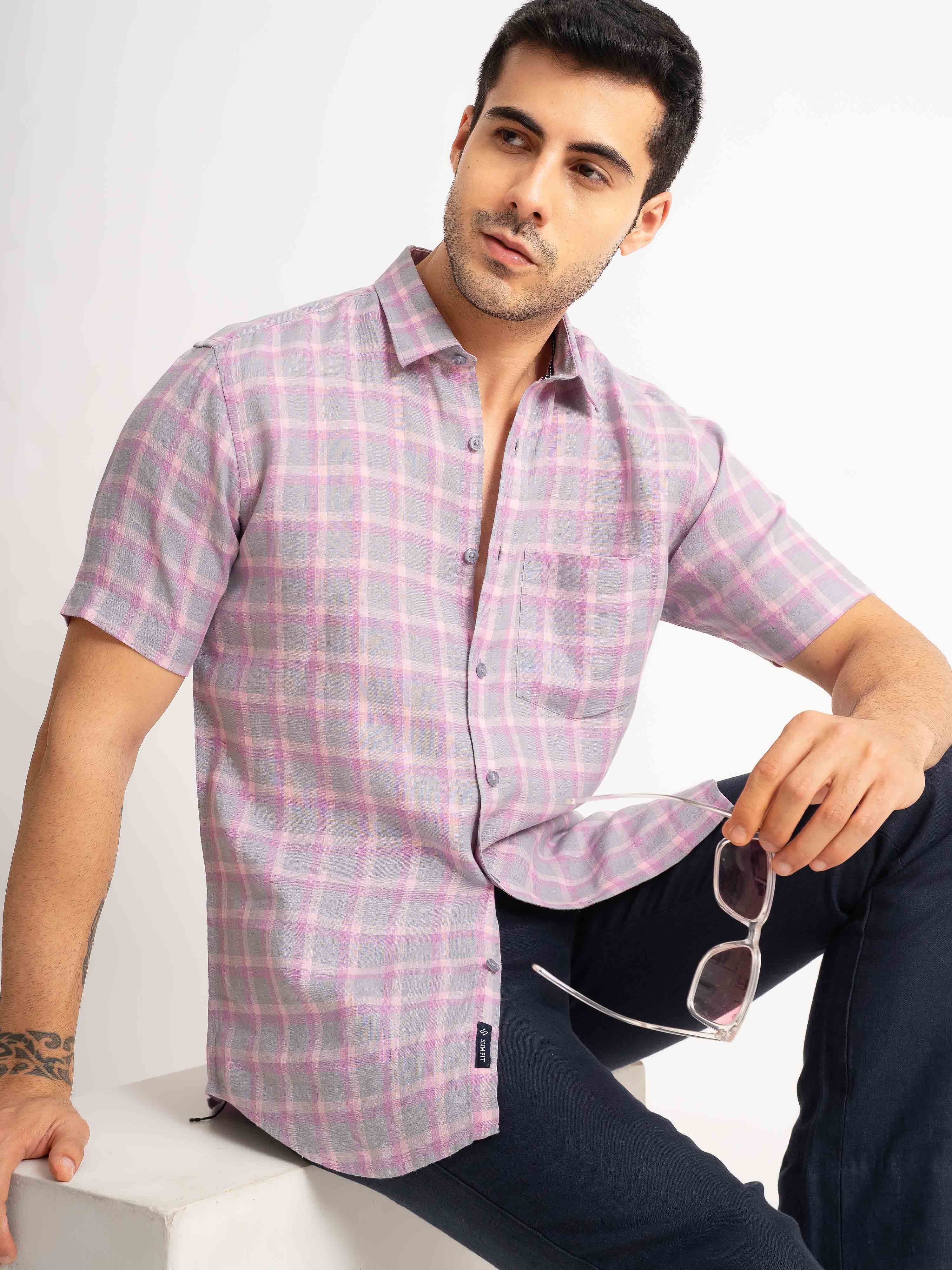 ST4U Men's Pure Linen Half Sleeve Checked Shirt – Pink Checks