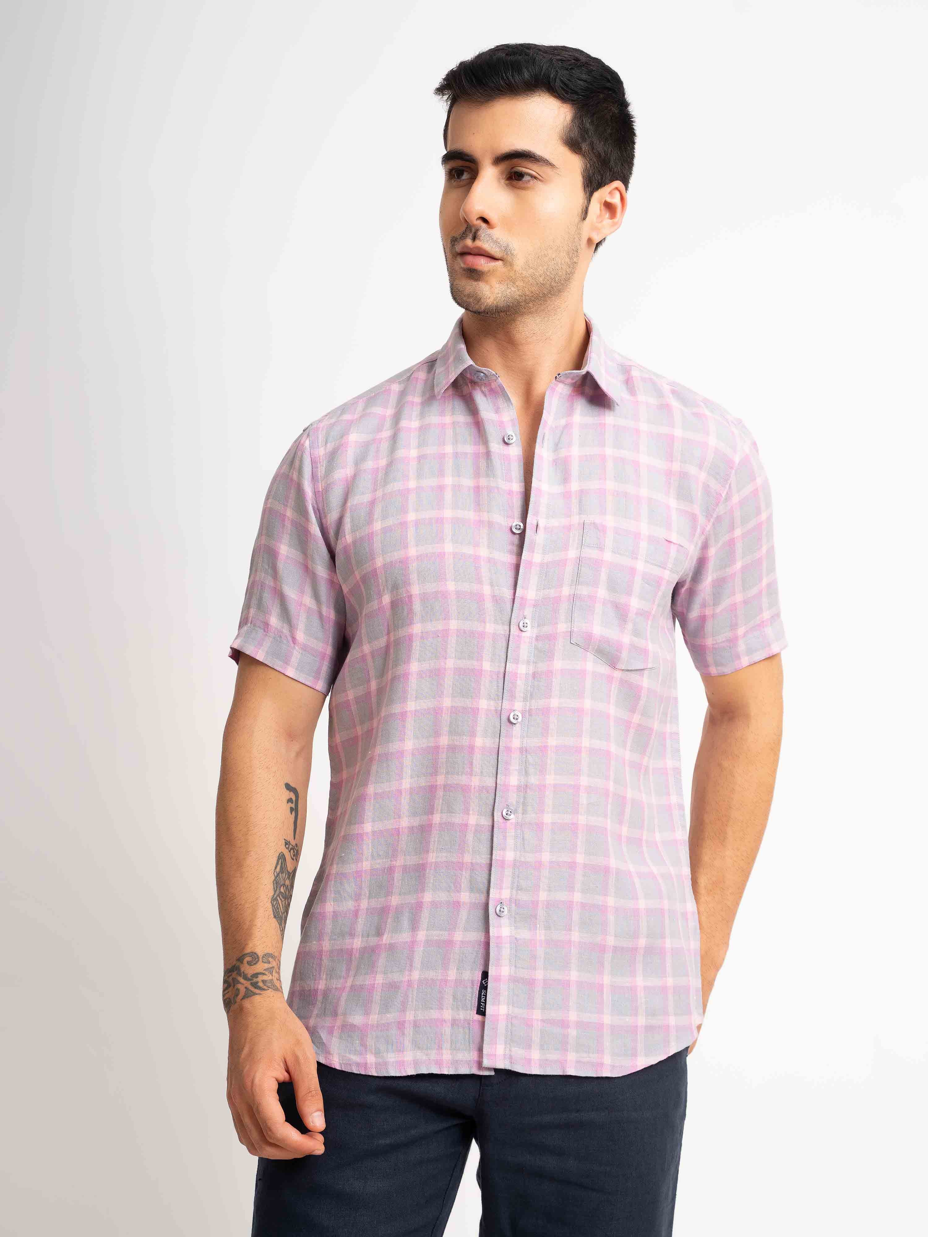 ST4U Men's Pure Linen Half Sleeve Checked Shirt – Pink Checks