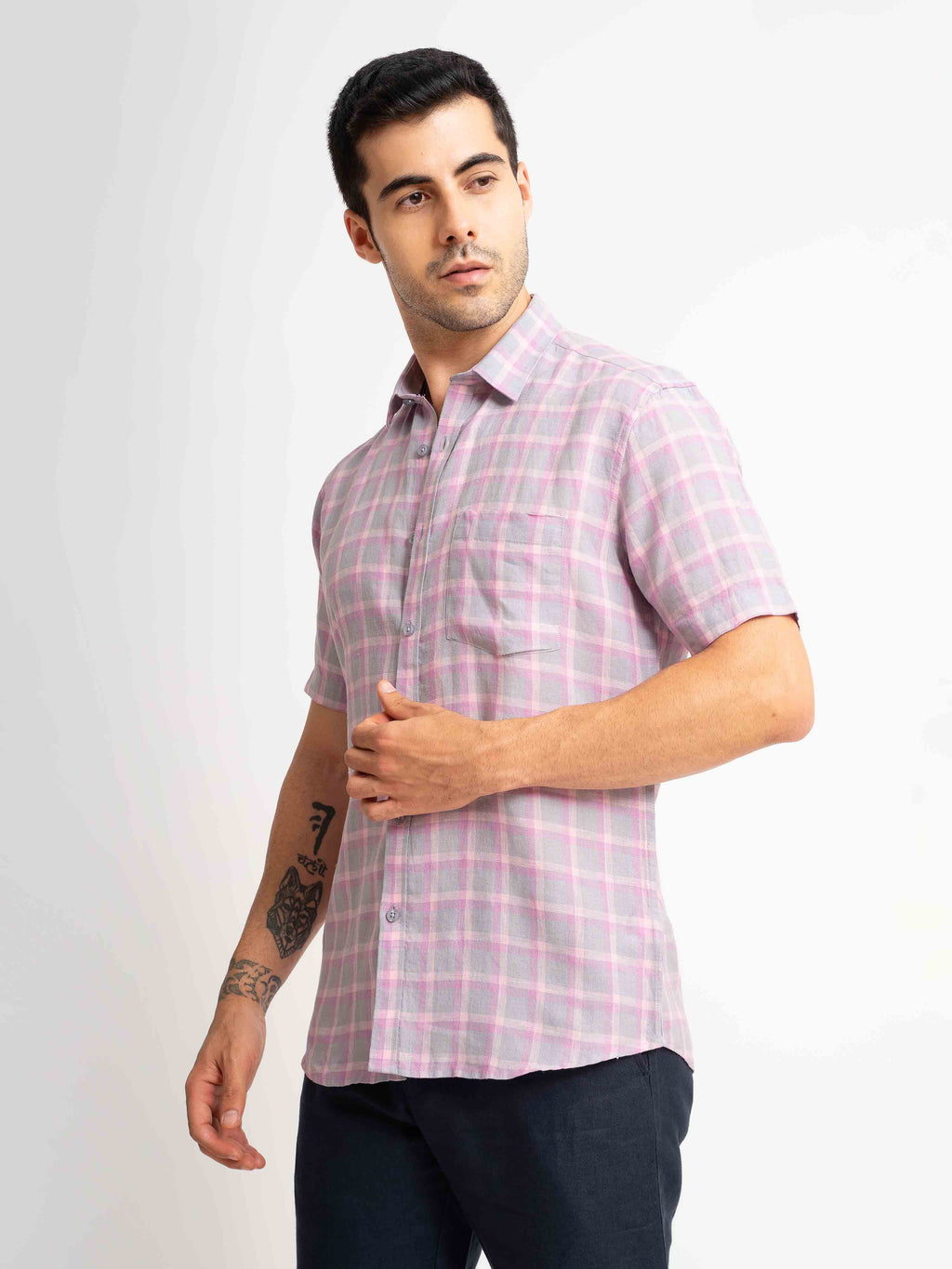 ST4U Men's Pure Linen Half Sleeve Checked Shirt – Pink Checks