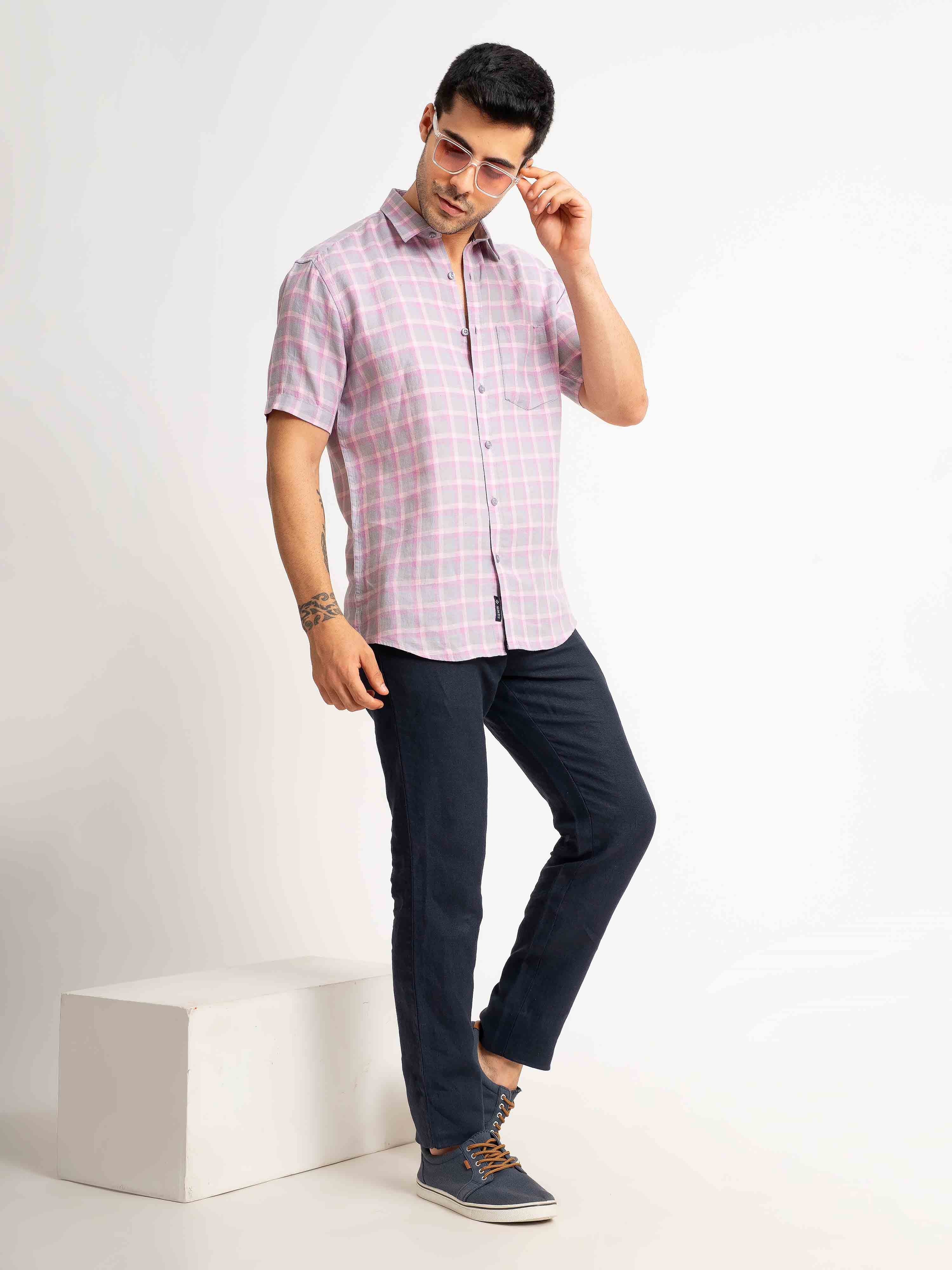 ST4U Men's Pure Linen Half Sleeve Checked Shirt – Pink Checks