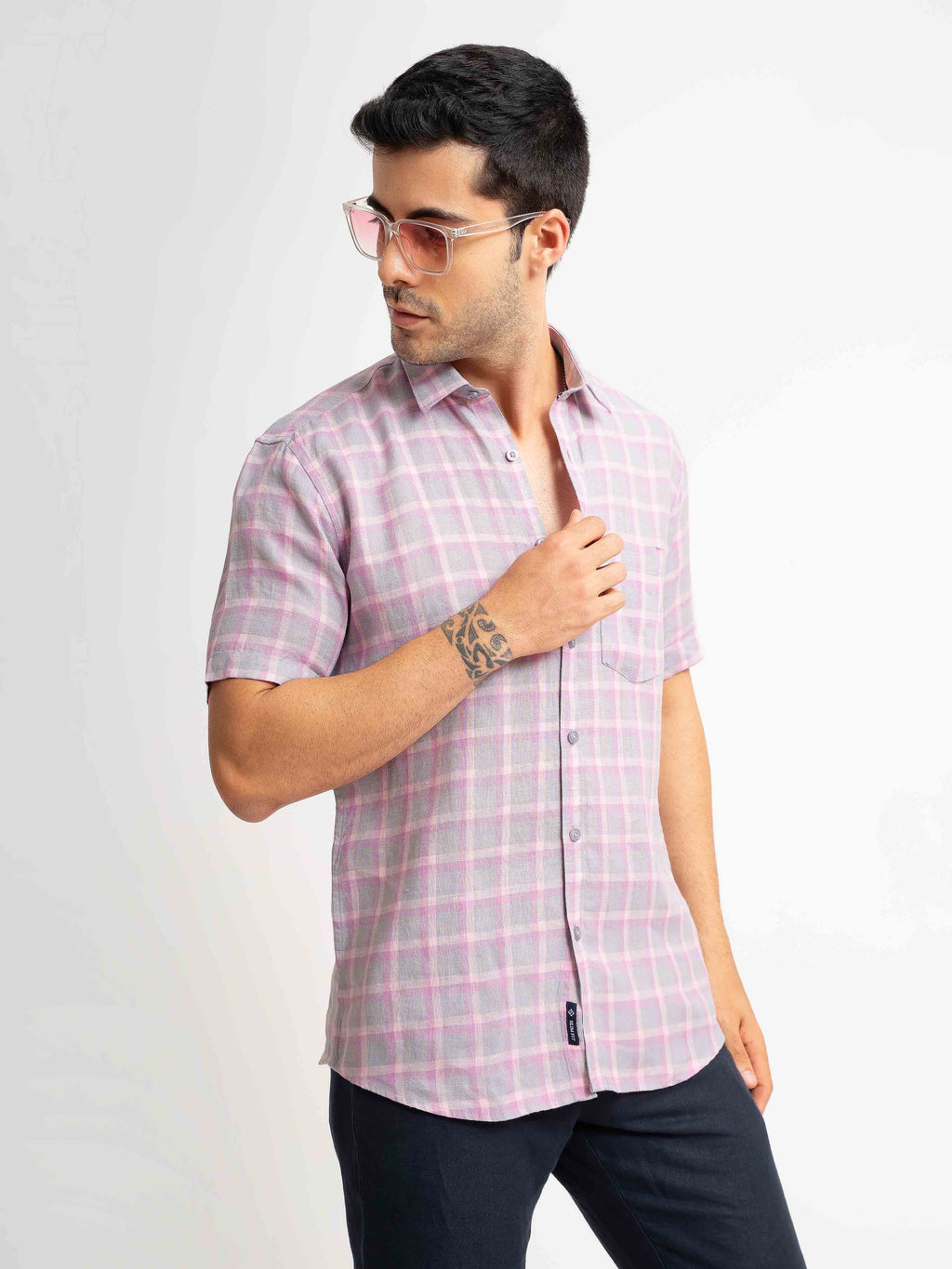 ST4U Men's Pure Linen Half Sleeve Checked Shirt – Pink Checks
