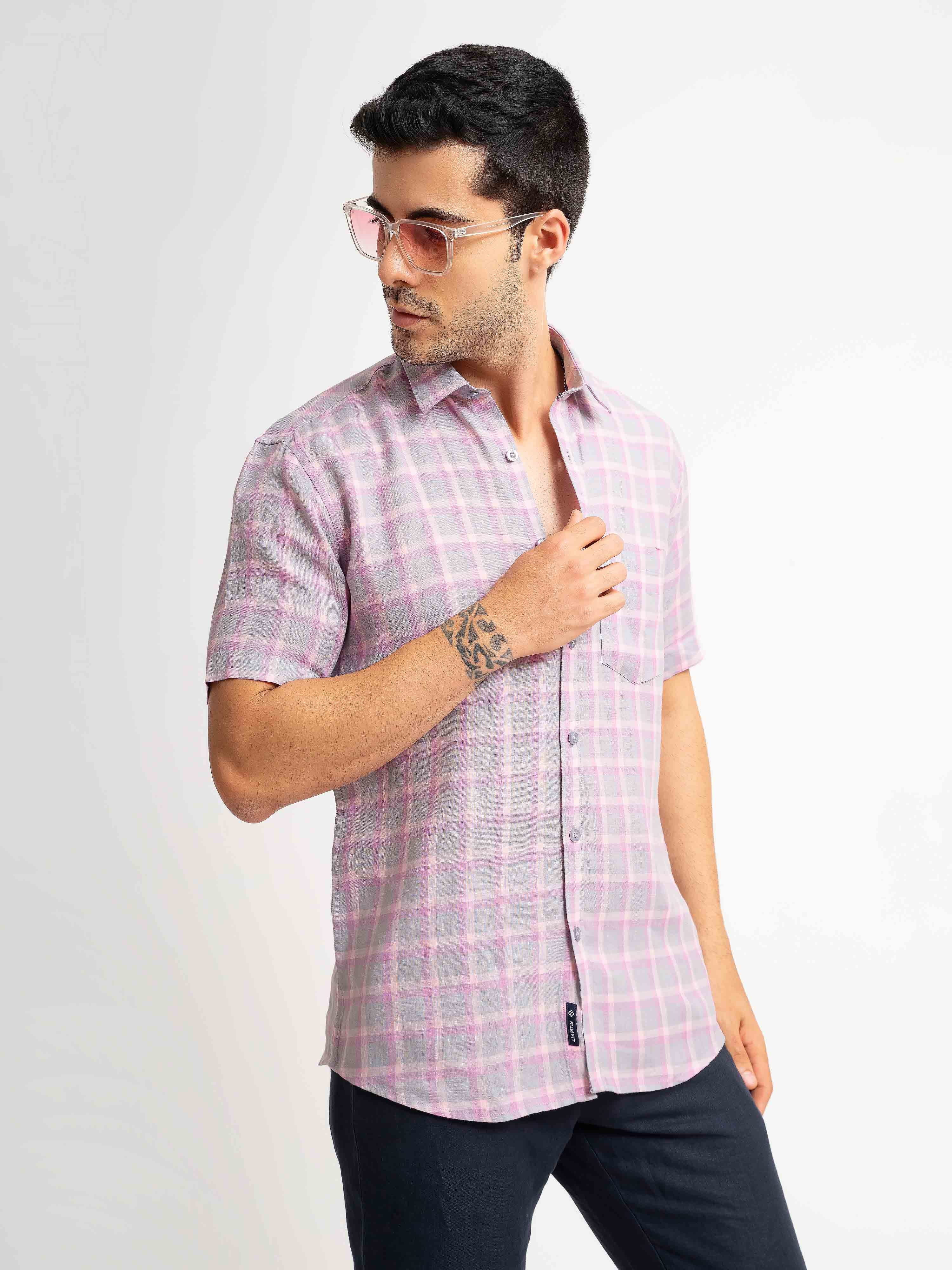 ST4U Men's Pure Linen Half Sleeve Checked Shirt – Pink Checks