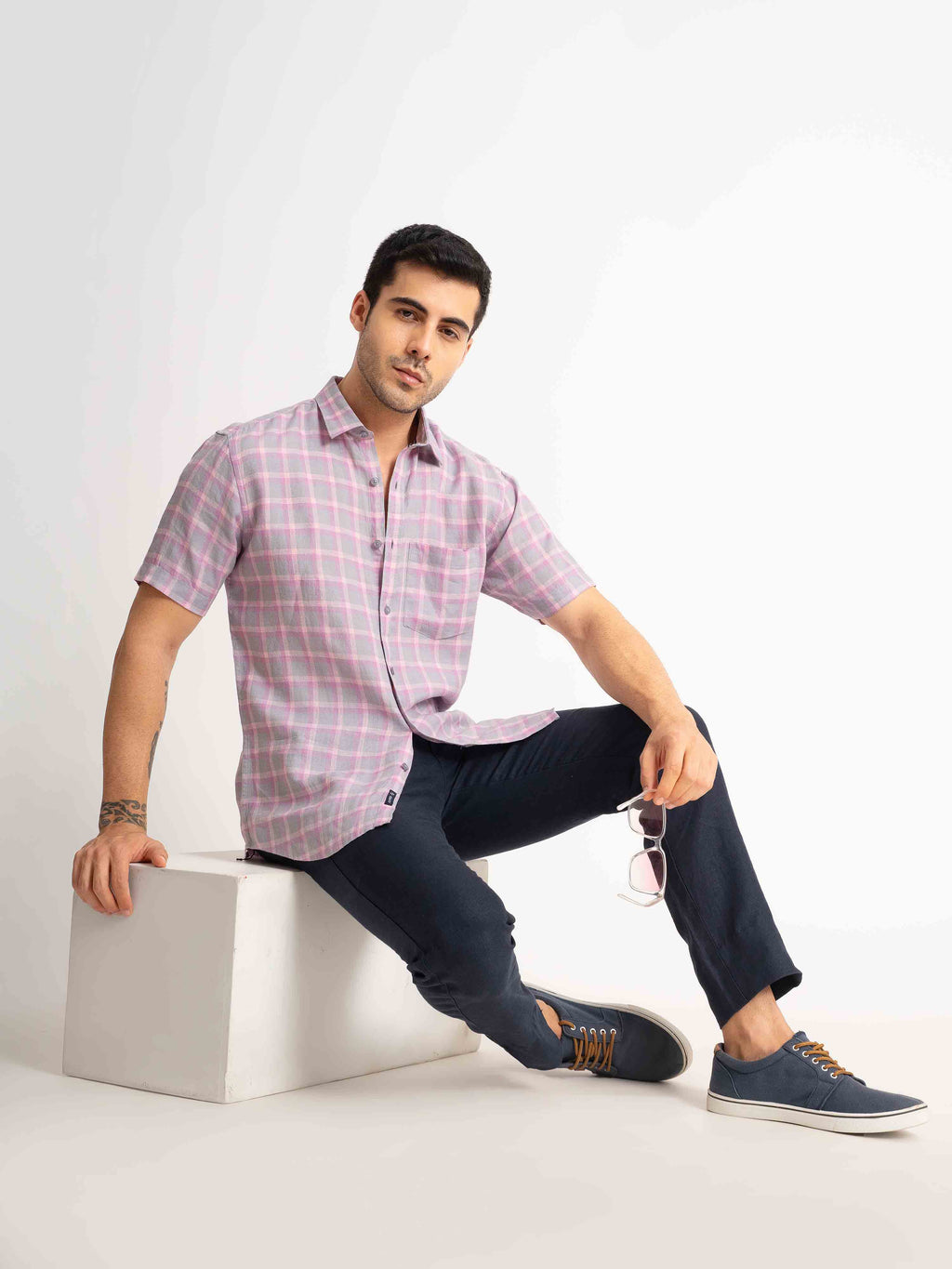 ST4U Men's Pure Linen Half Sleeve Checked Shirt – Pink Checks