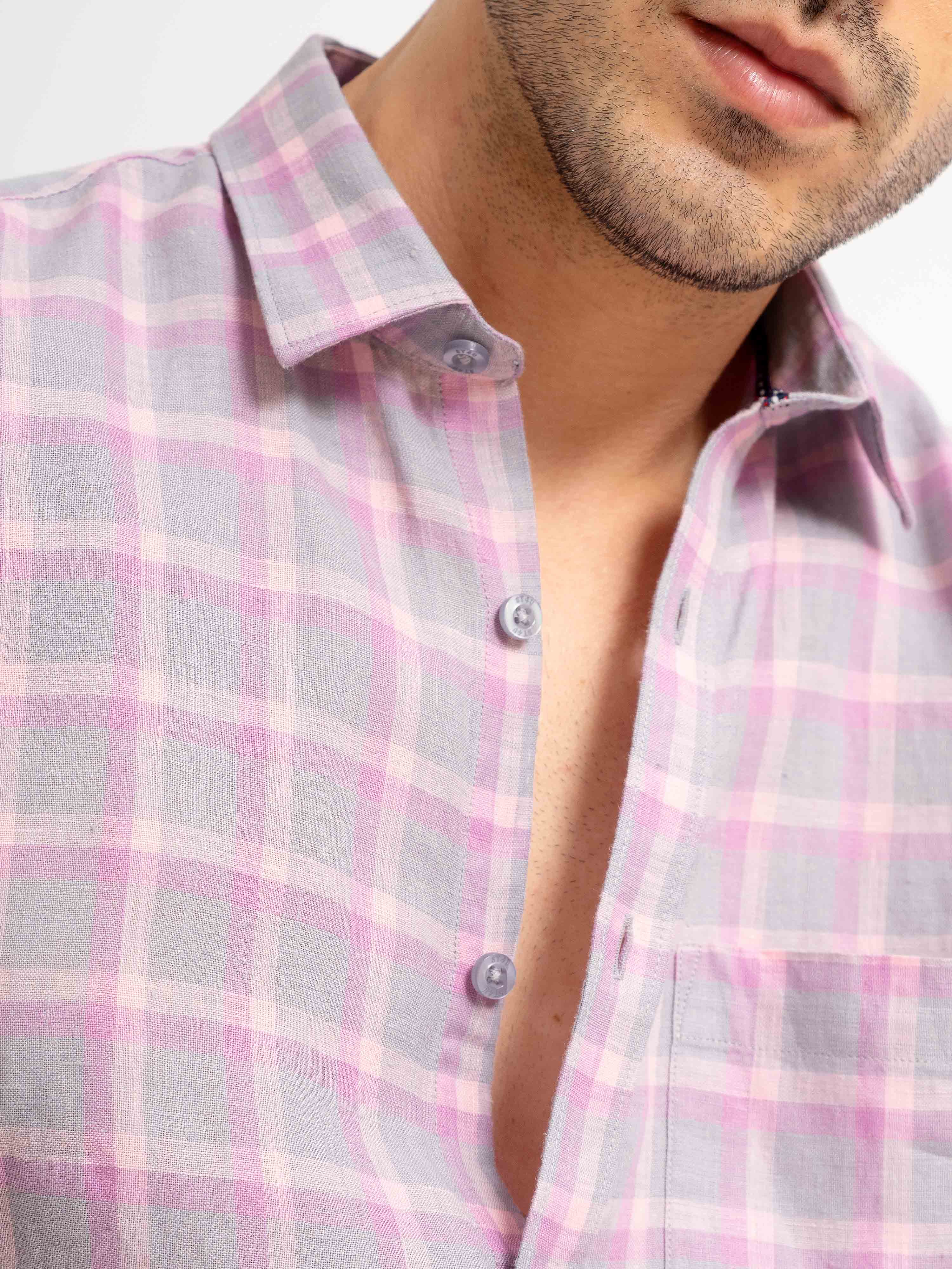 ST4U Men's Pure Linen Half Sleeve Checked Shirt – Pink Checks