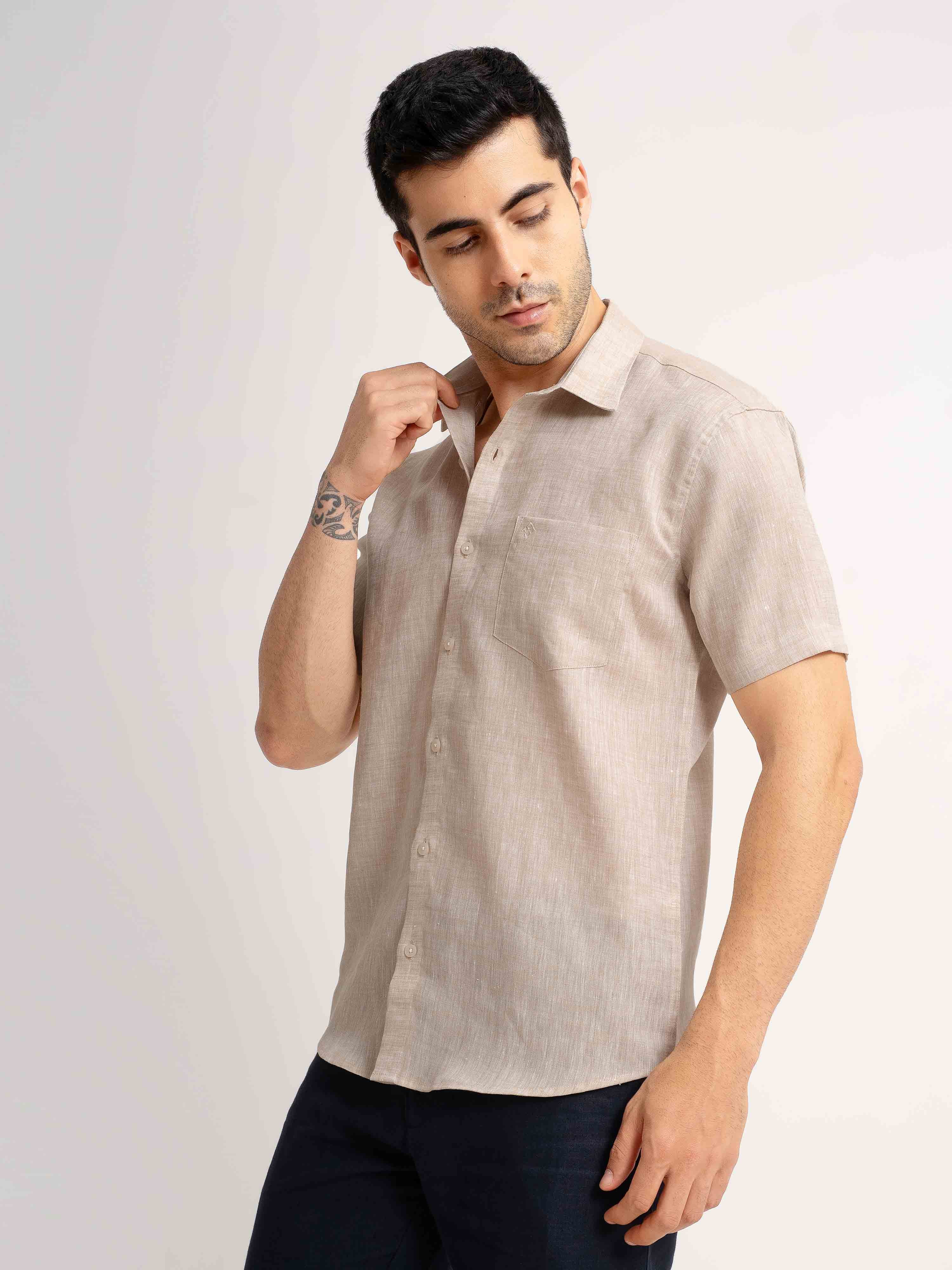 ST4U Men's Pure Linen Half Sleeve Shirt – Beige