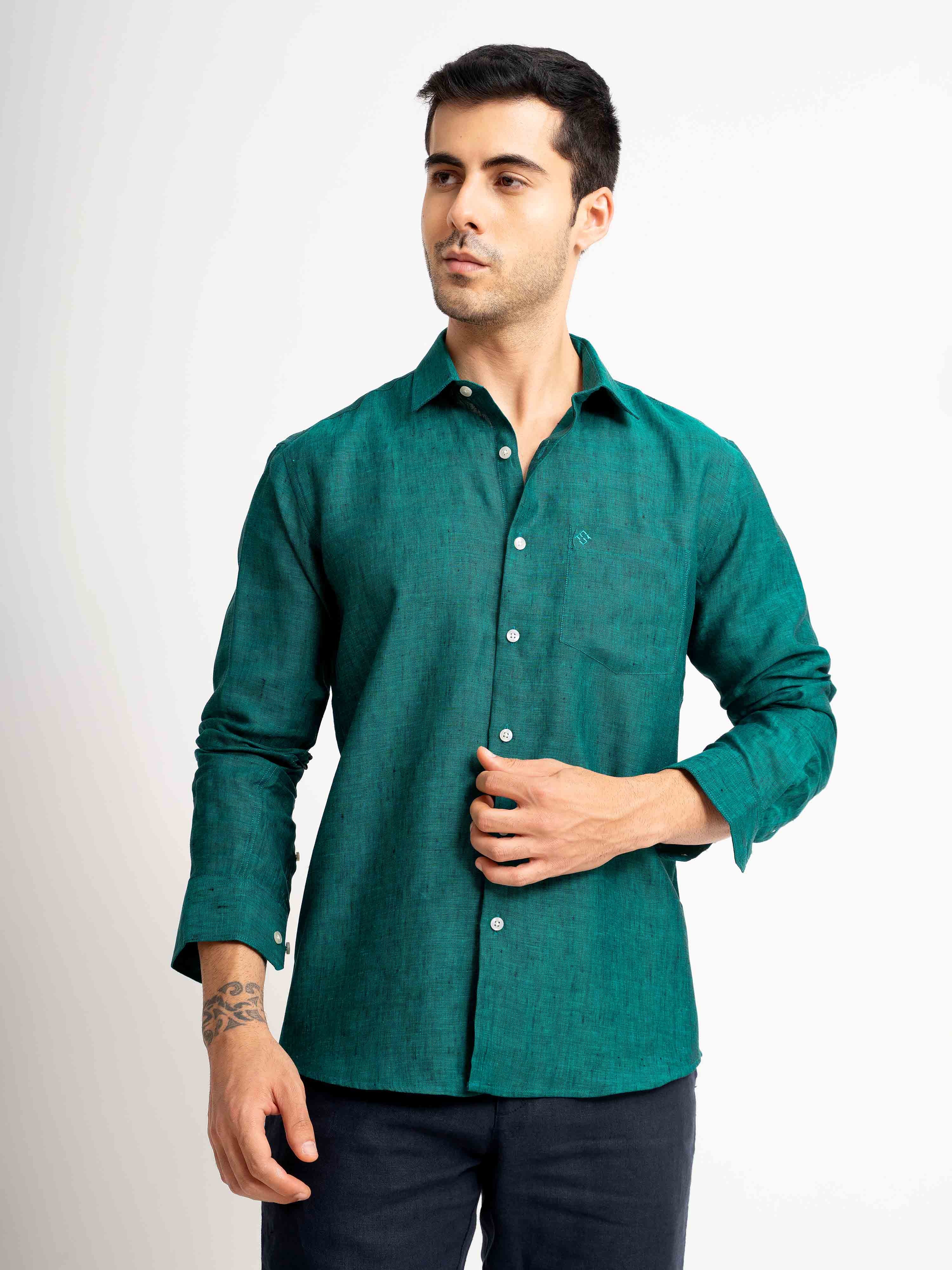 ST4U Men's Pure Linen Full Sleeve Shirt – Dark Green
