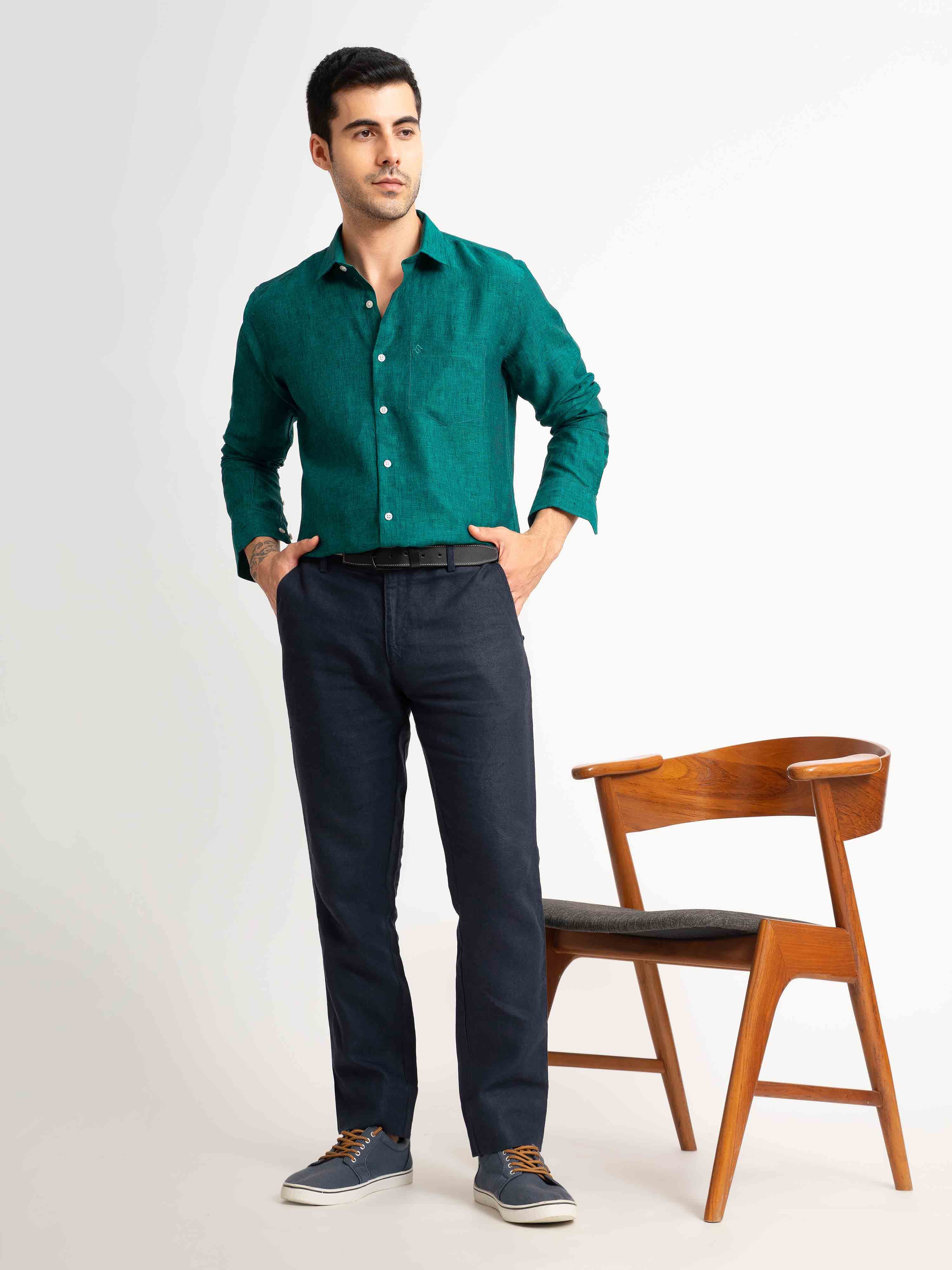 ST4U Men's Pure Linen Full Sleeve Shirt – Dark Green