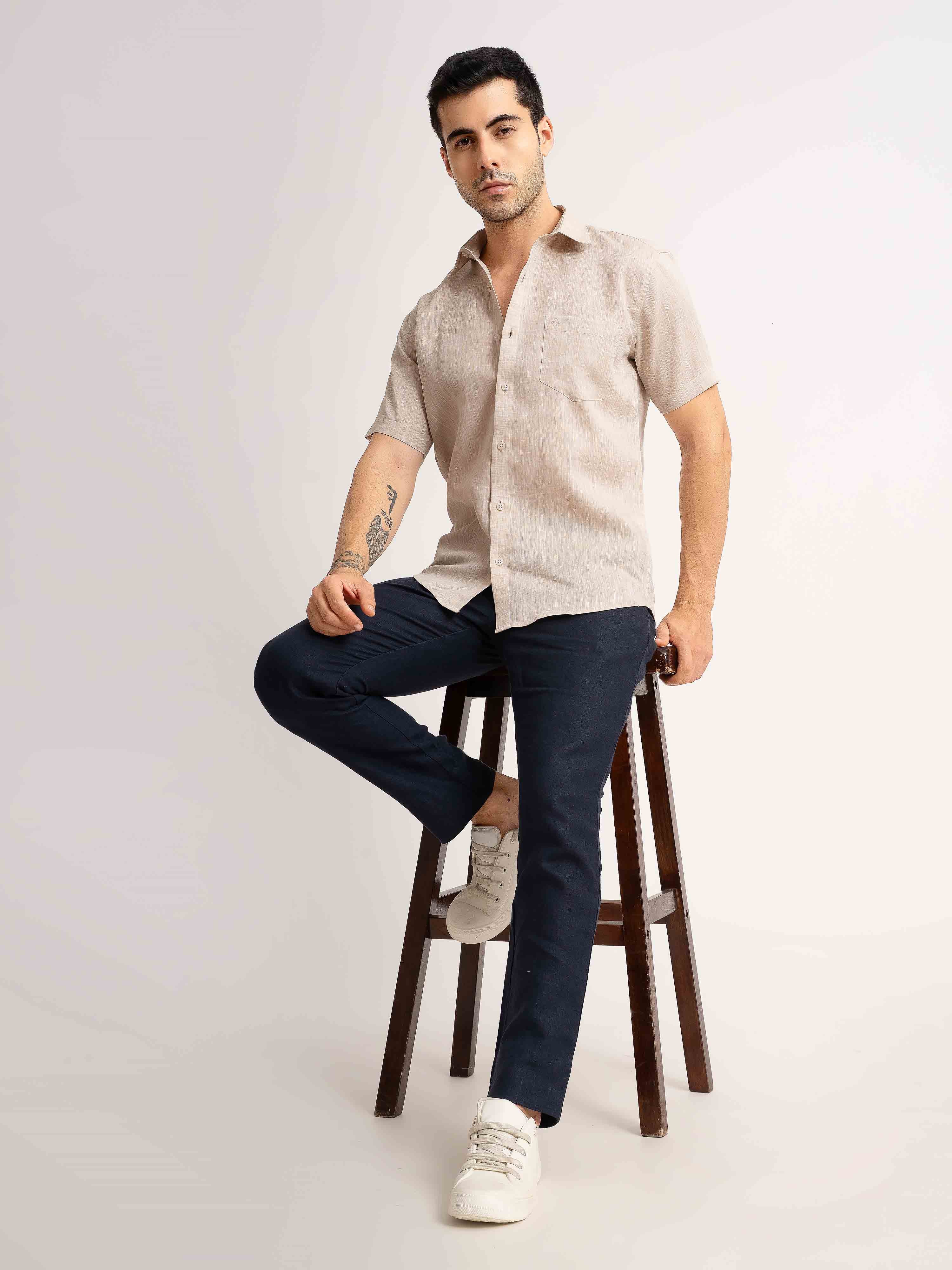 ST4U Men's Pure Linen Half Sleeve Shirt – Beige