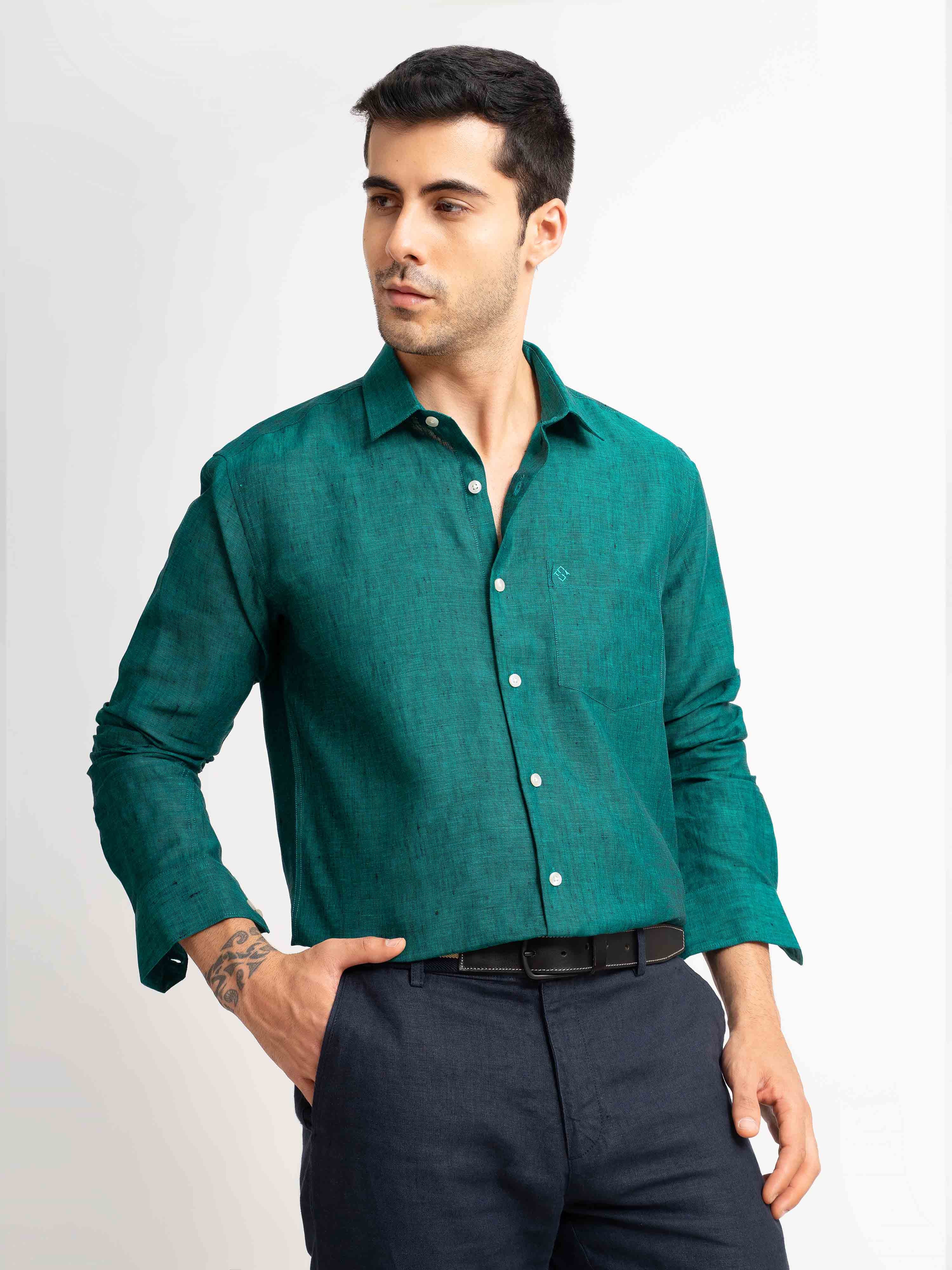 ST4U Men's Pure Linen Full Sleeve Shirt – Dark Green