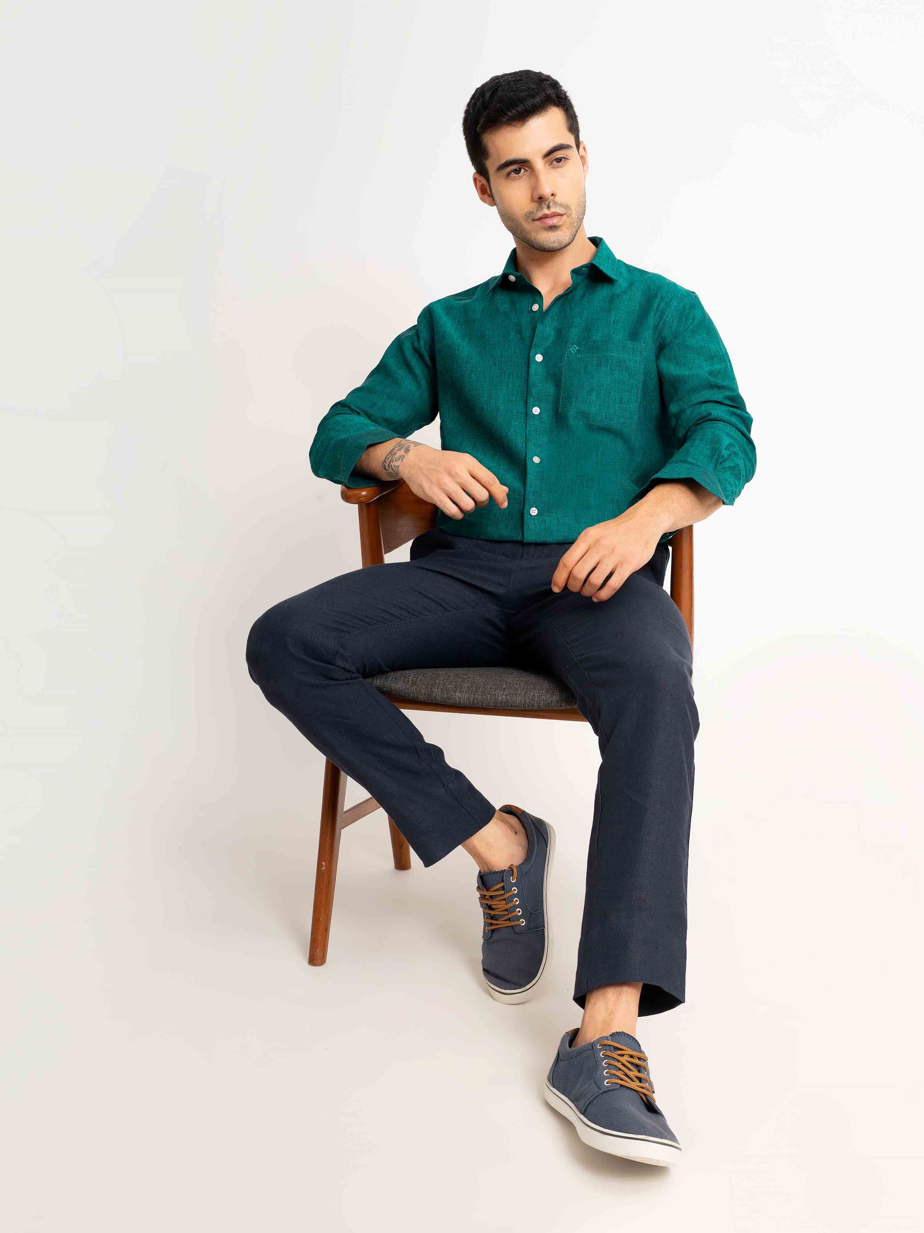 ST4U Men's Pure Linen Full Sleeve Shirt – Dark Green