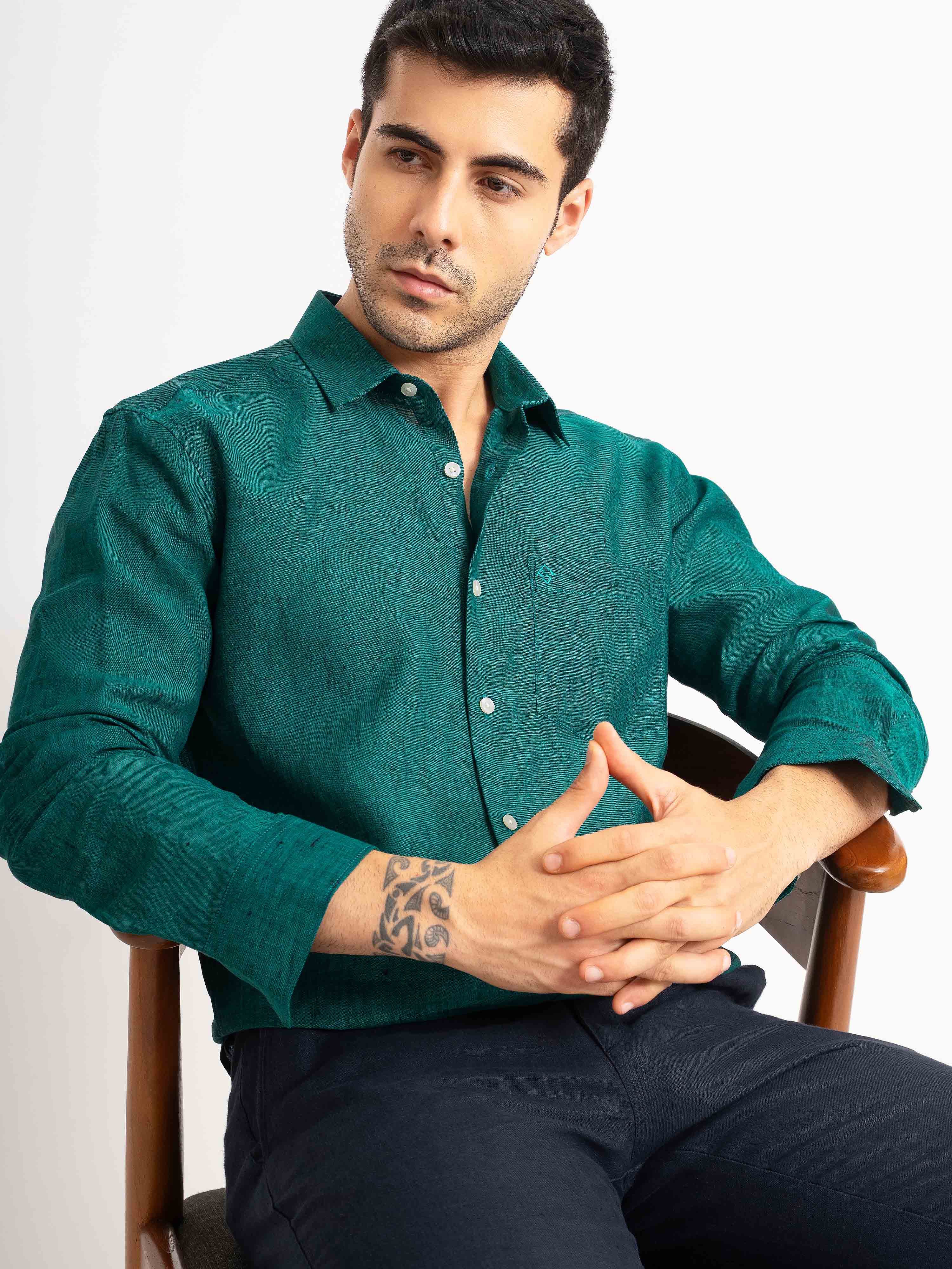 ST4U Men's Pure Linen Full Sleeve Shirt – Dark Green