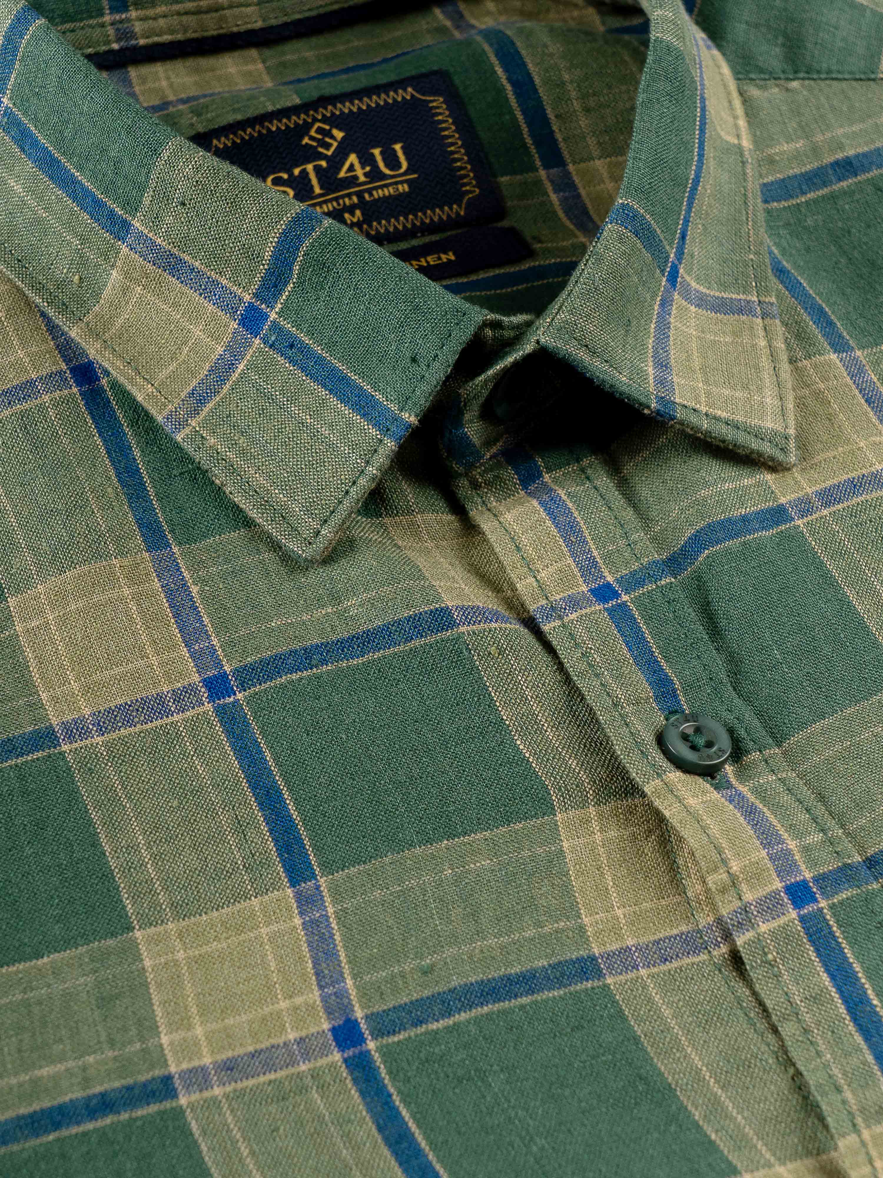 ST4U Men's Pure Linen Full Sleeve Checked Shirt – Olive Green Checks