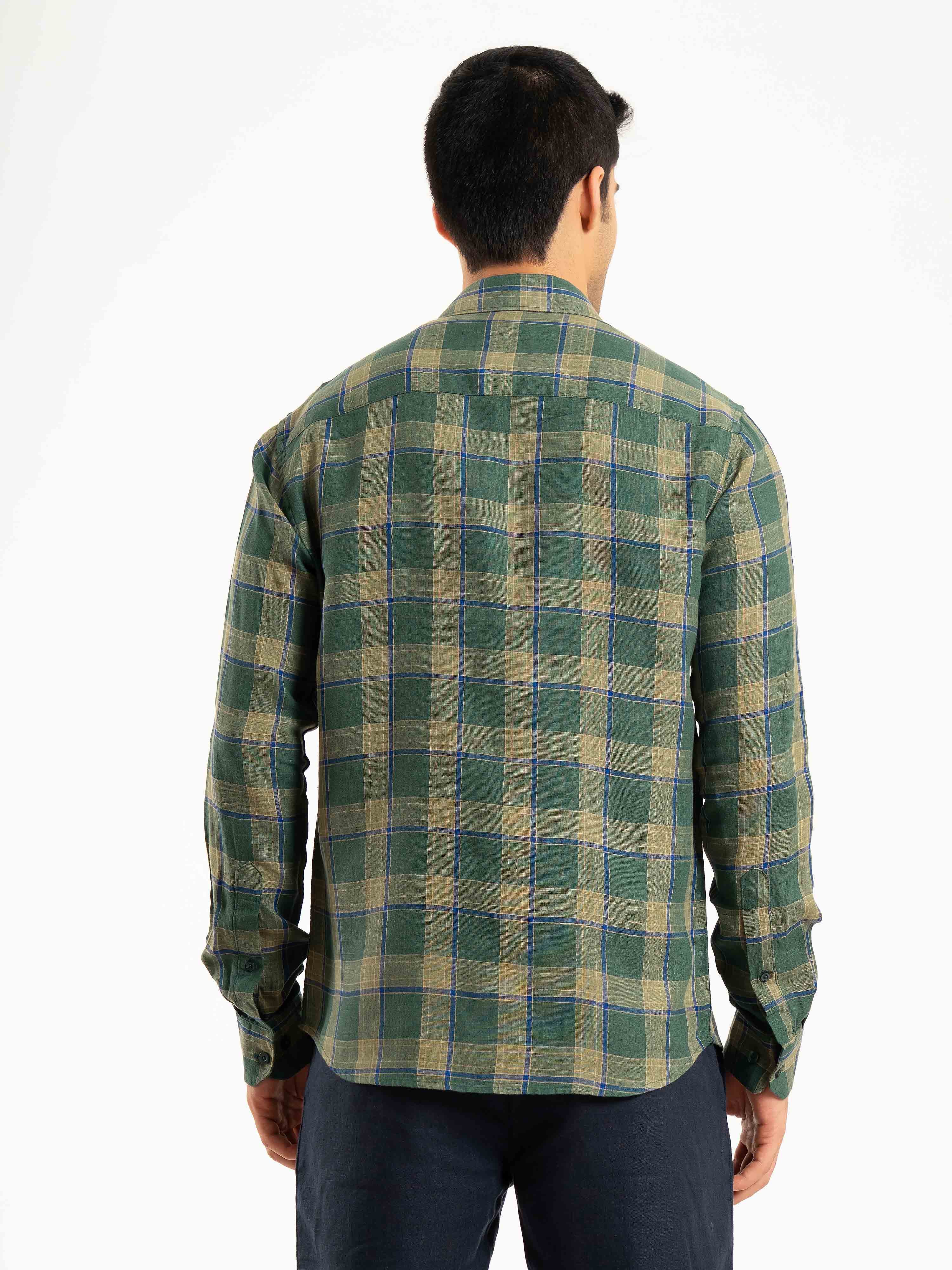 ST4U Men's Pure Linen Full Sleeve Checked Shirt – Olive Green Checks
