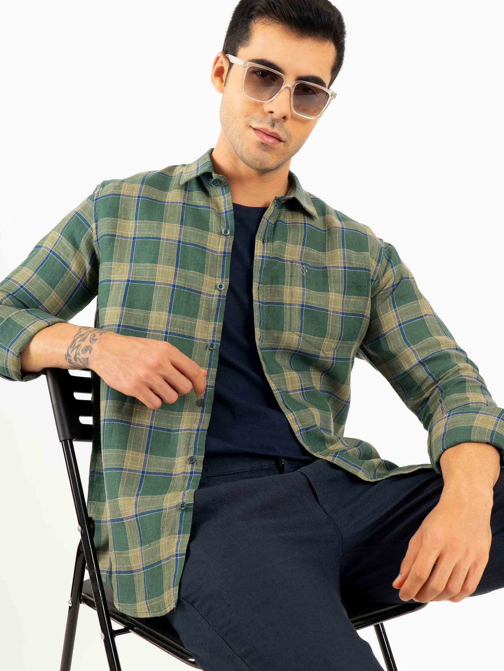 ST4U Men's Pure Linen Full Sleeve Checked Shirt – Olive Green Checks