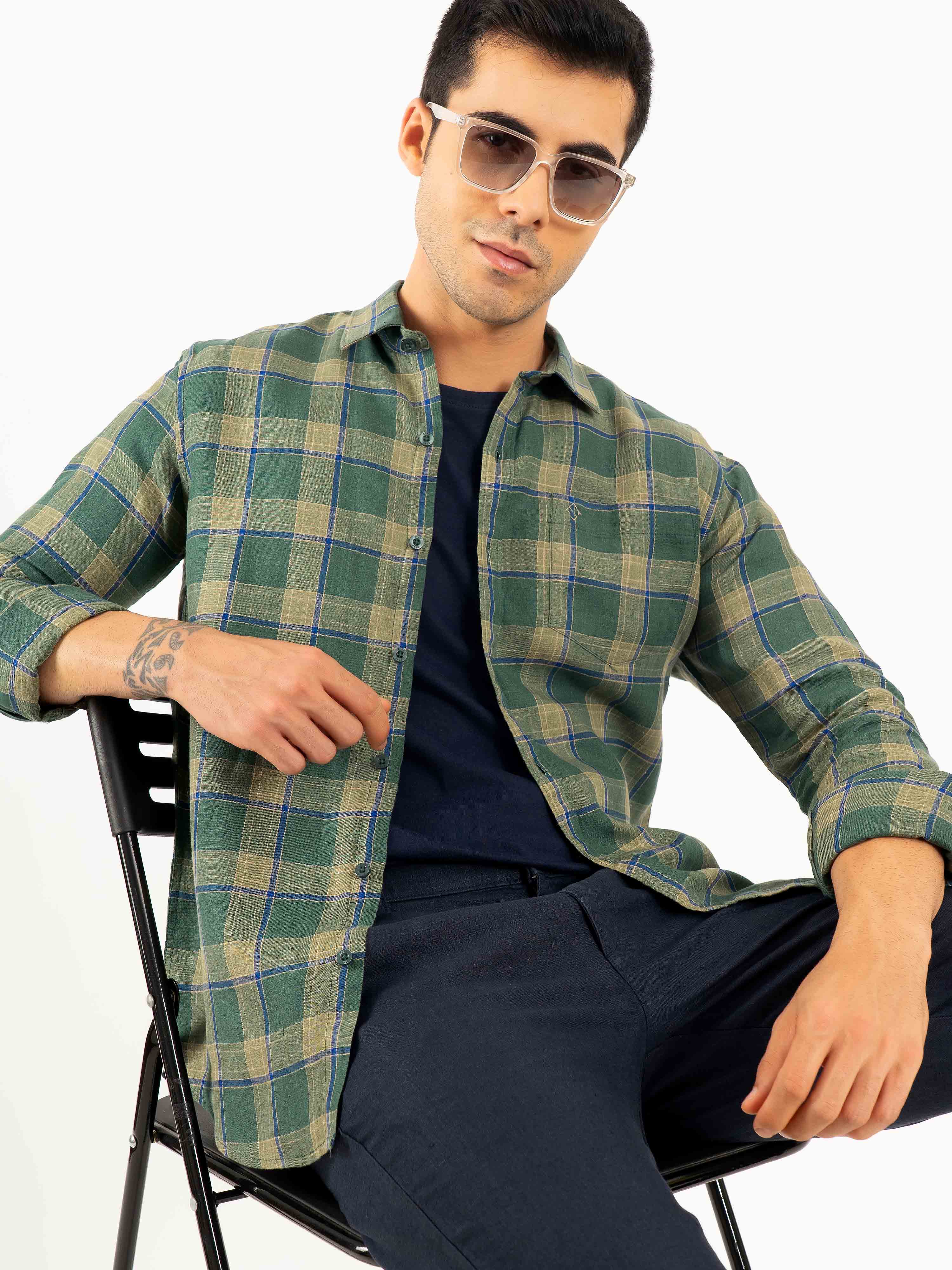 ST4U Men's Pure Linen Full Sleeve Checked Shirt – Olive Green Checks