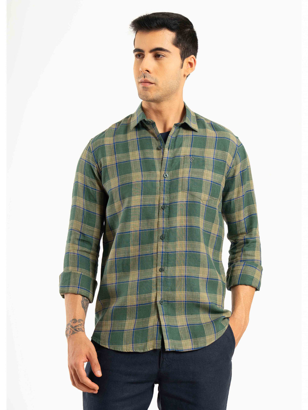 ST4U Men's Pure Linen Full Sleeve Checked Shirt – Olive Green Checks