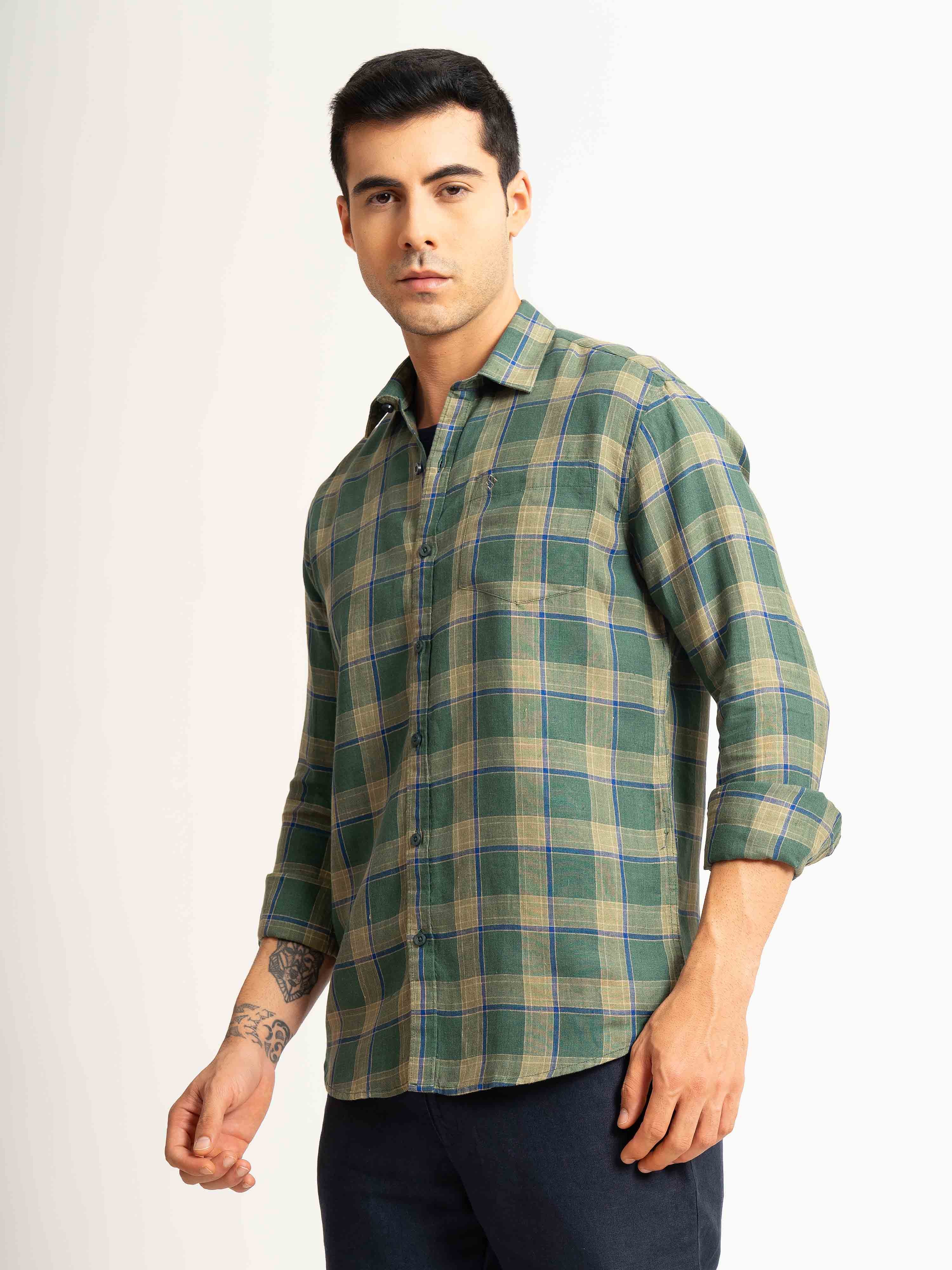 ST4U Men's Pure Linen Full Sleeve Checked Shirt – Olive Green Checks