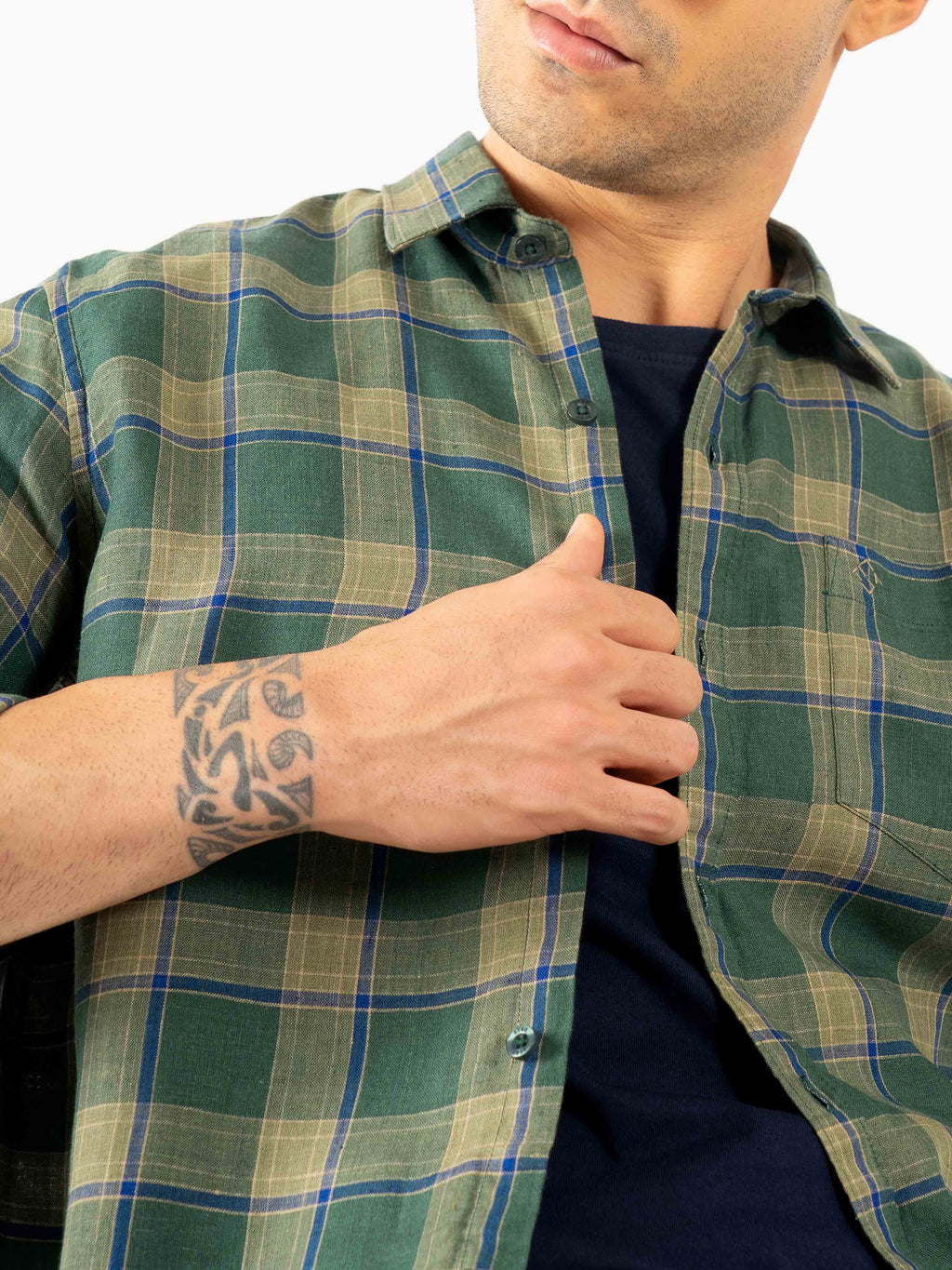 ST4U Men's Pure Linen Full Sleeve Checked Shirt – Olive Green Checks