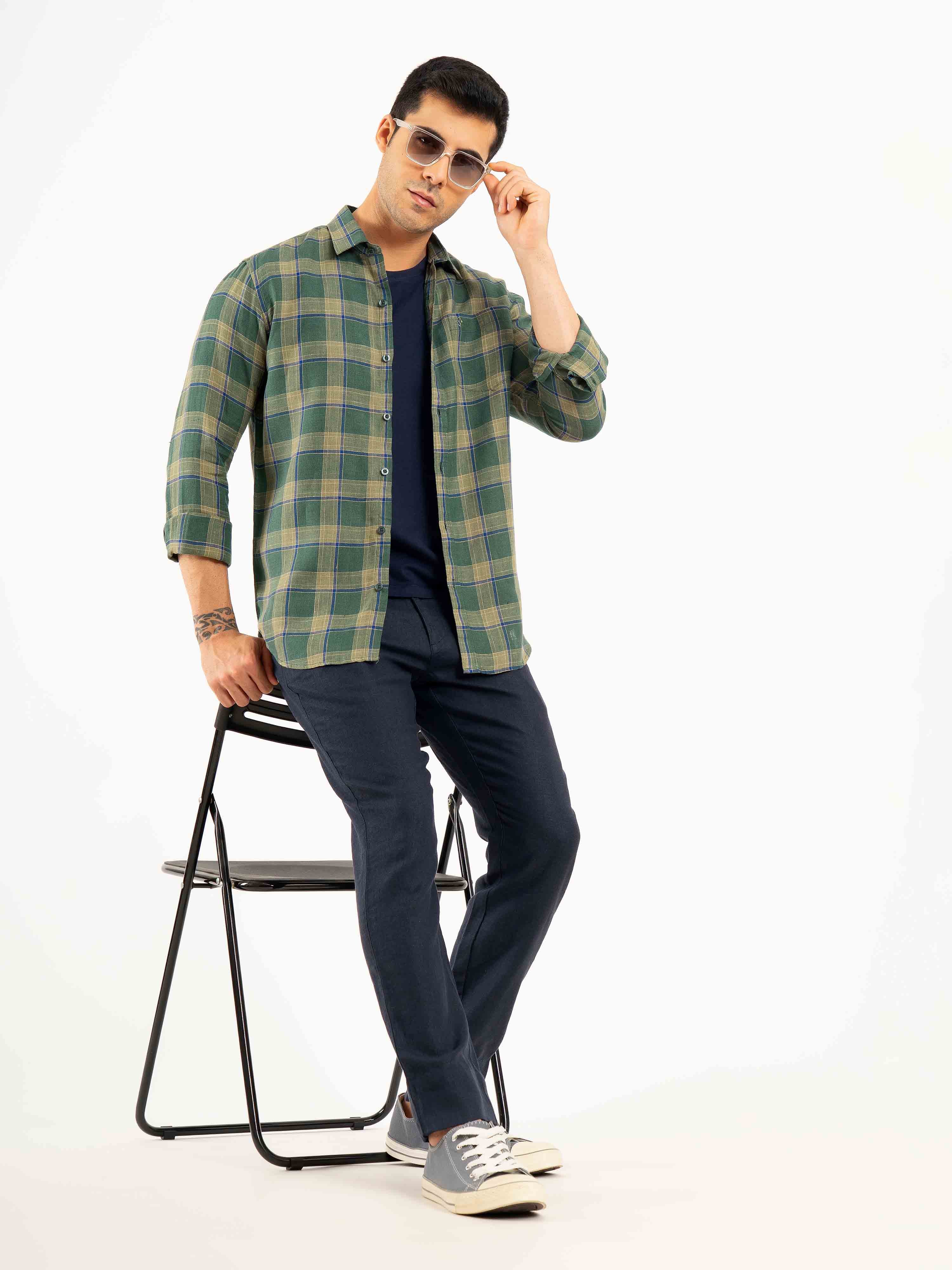 ST4U Men's Pure Linen Full Sleeve Checked Shirt – Olive Green Checks