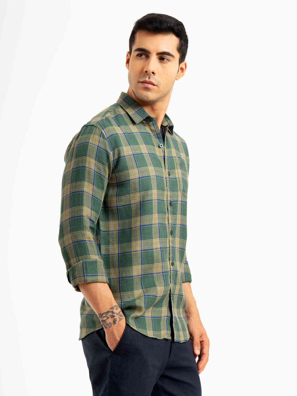 ST4U Men's Pure Linen Full Sleeve Checked Shirt – Olive Green Checks