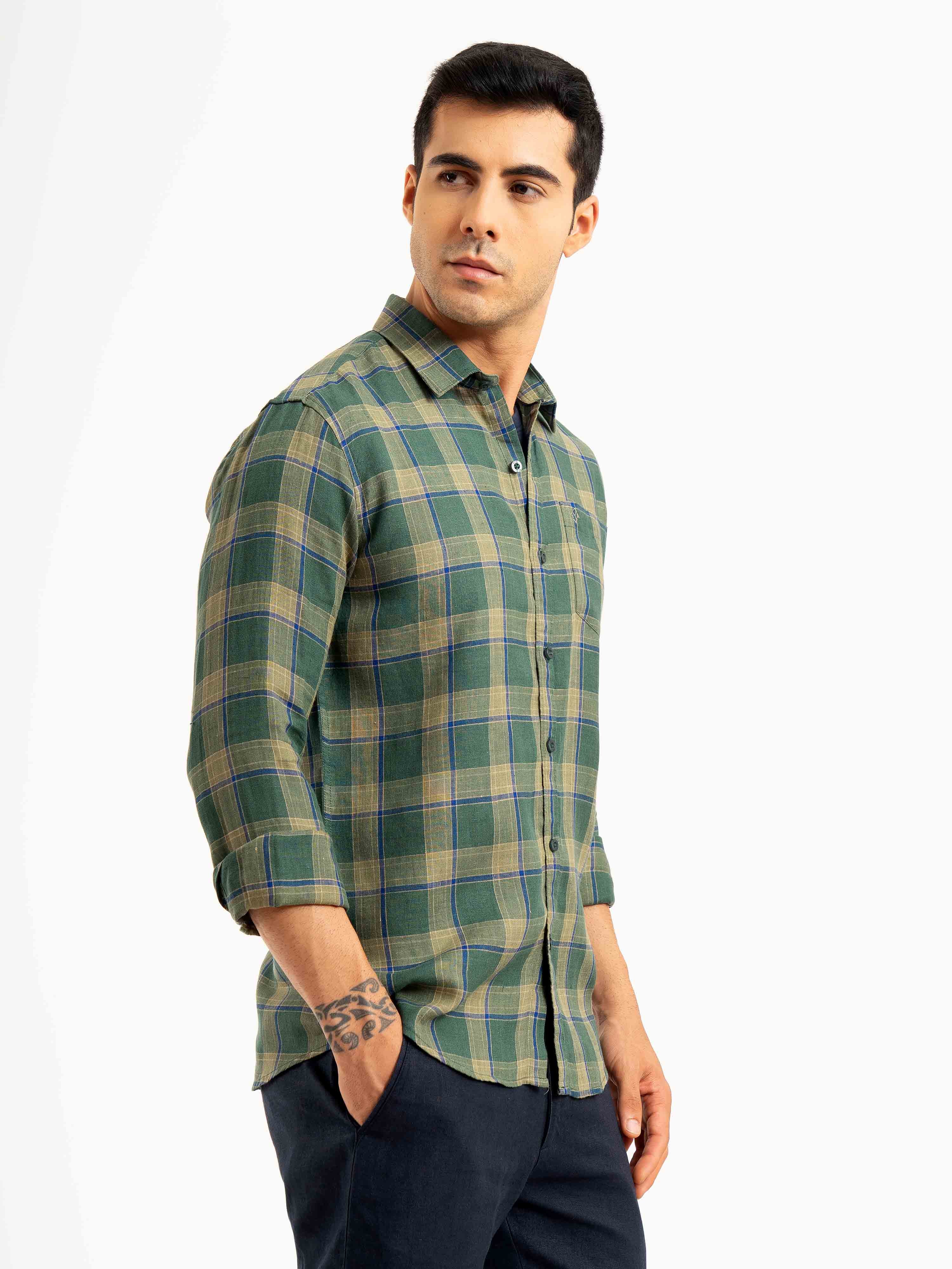 ST4U Men's Pure Linen Full Sleeve Checked Shirt – Olive Green Checks