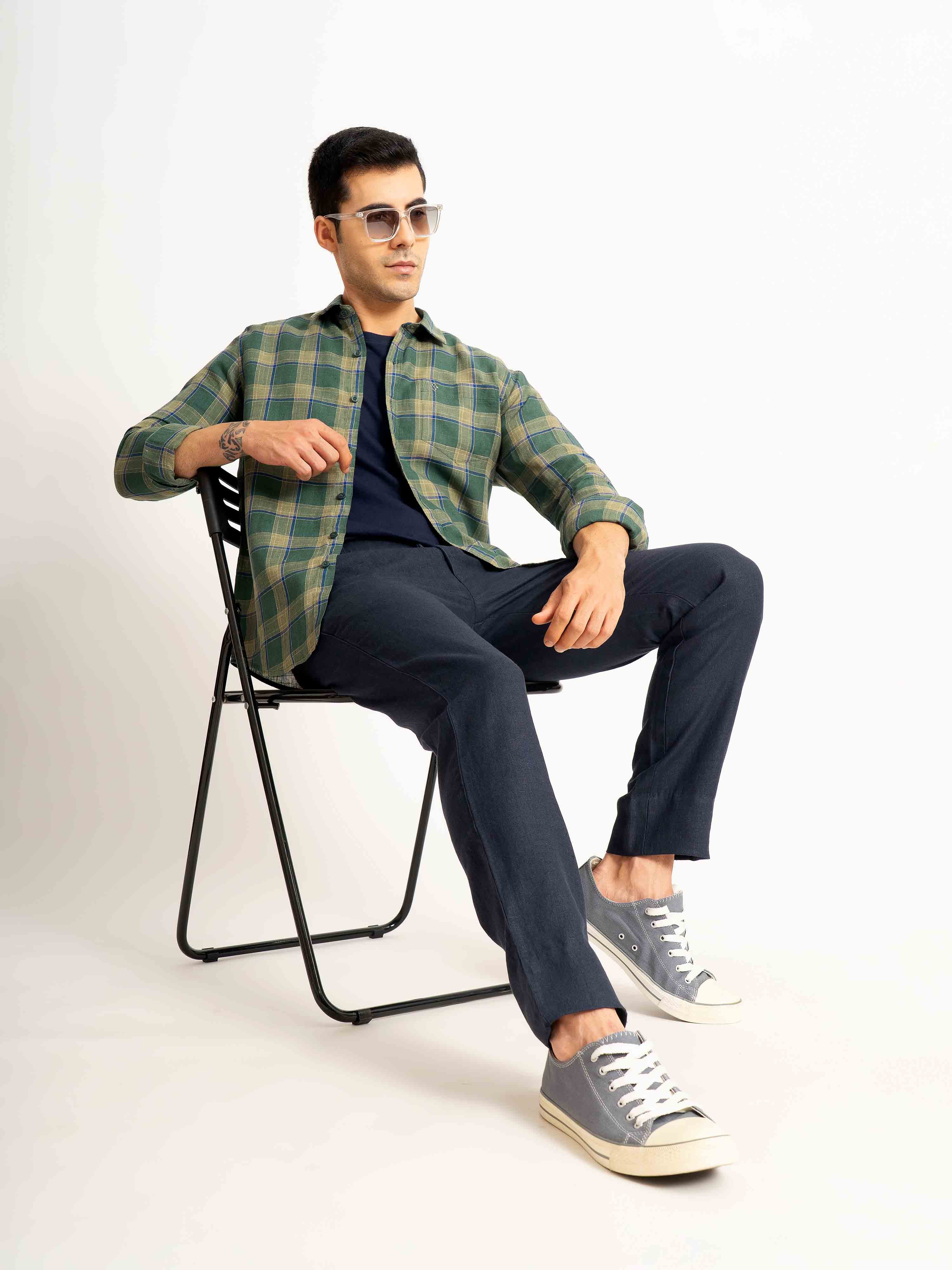 ST4U Men's Pure Linen Full Sleeve Checked Shirt – Olive Green Checks
