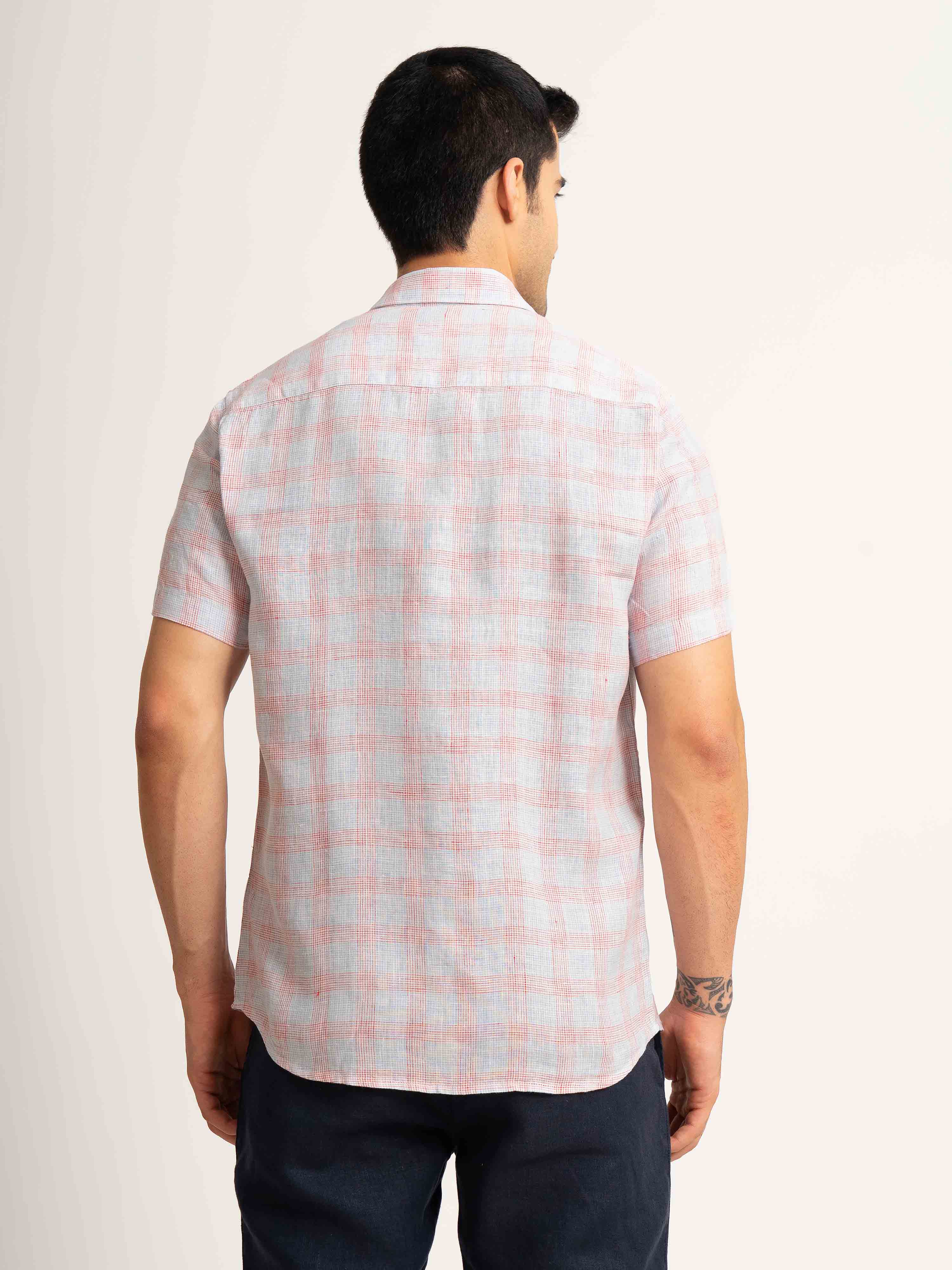 ST4U Men's Pure Linen Half Sleeve Checked Shirt – Red Blue Checks