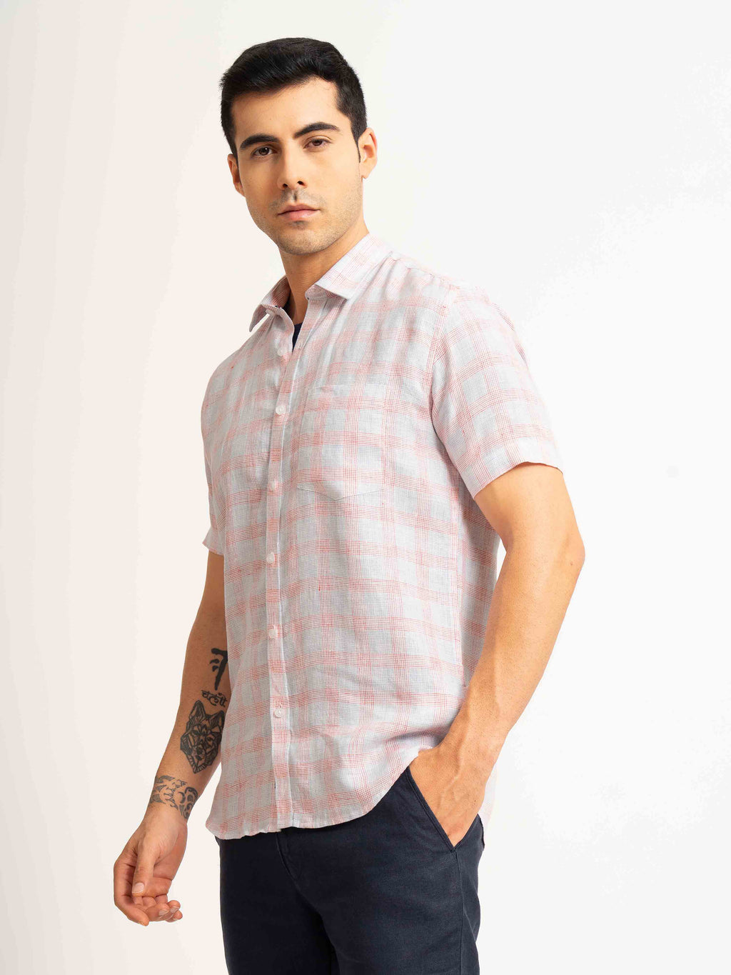 ST4U Men's Pure Linen Half Sleeve Checked Shirt – Red Blue Checks