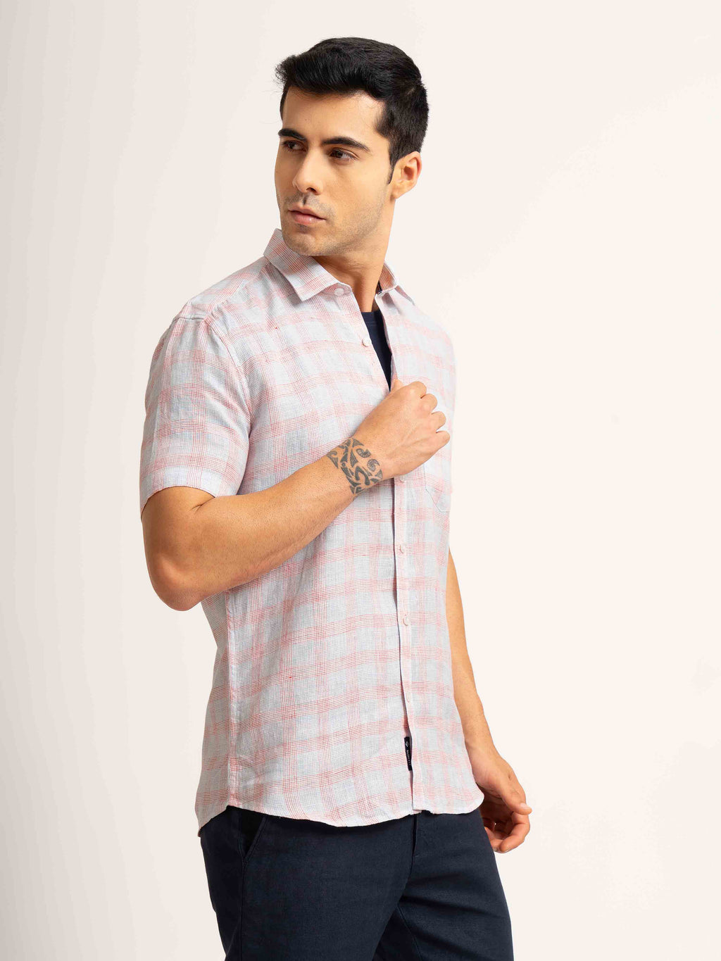 ST4U Men's Pure Linen Half Sleeve Checked Shirt – Red Blue Checks
